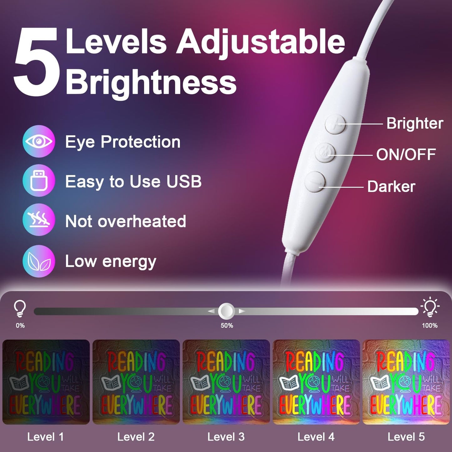 Reading Will Take You Everywhere Neon Sign,Classroom Neon Sign,Read Neon Signs for Classroom Inspirational Letter Led Sign Dimmable Classroom Neon Lights for Bedroom Dorm Library Bookstore