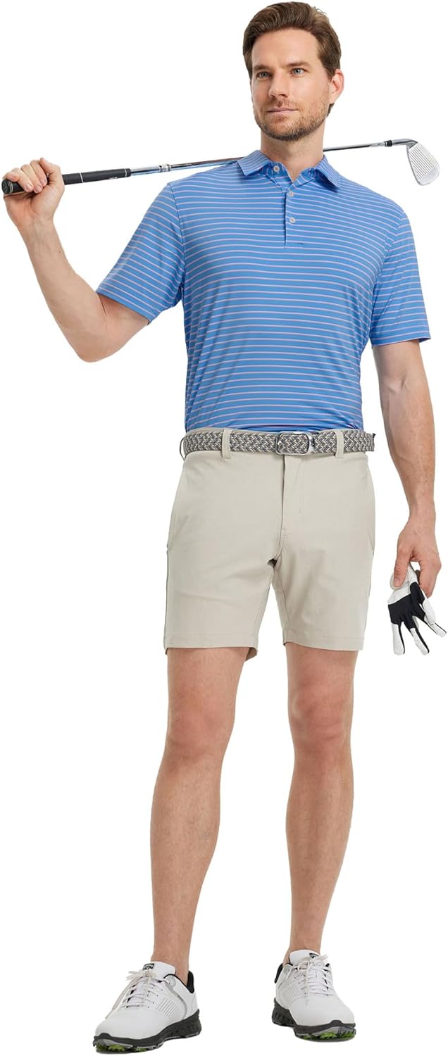 Rouen Mens Polo Shirts Short Sleeve Dry Fit Performance Moisture Wicking Causal Striped Polo Collared Golf Shirts for Men
