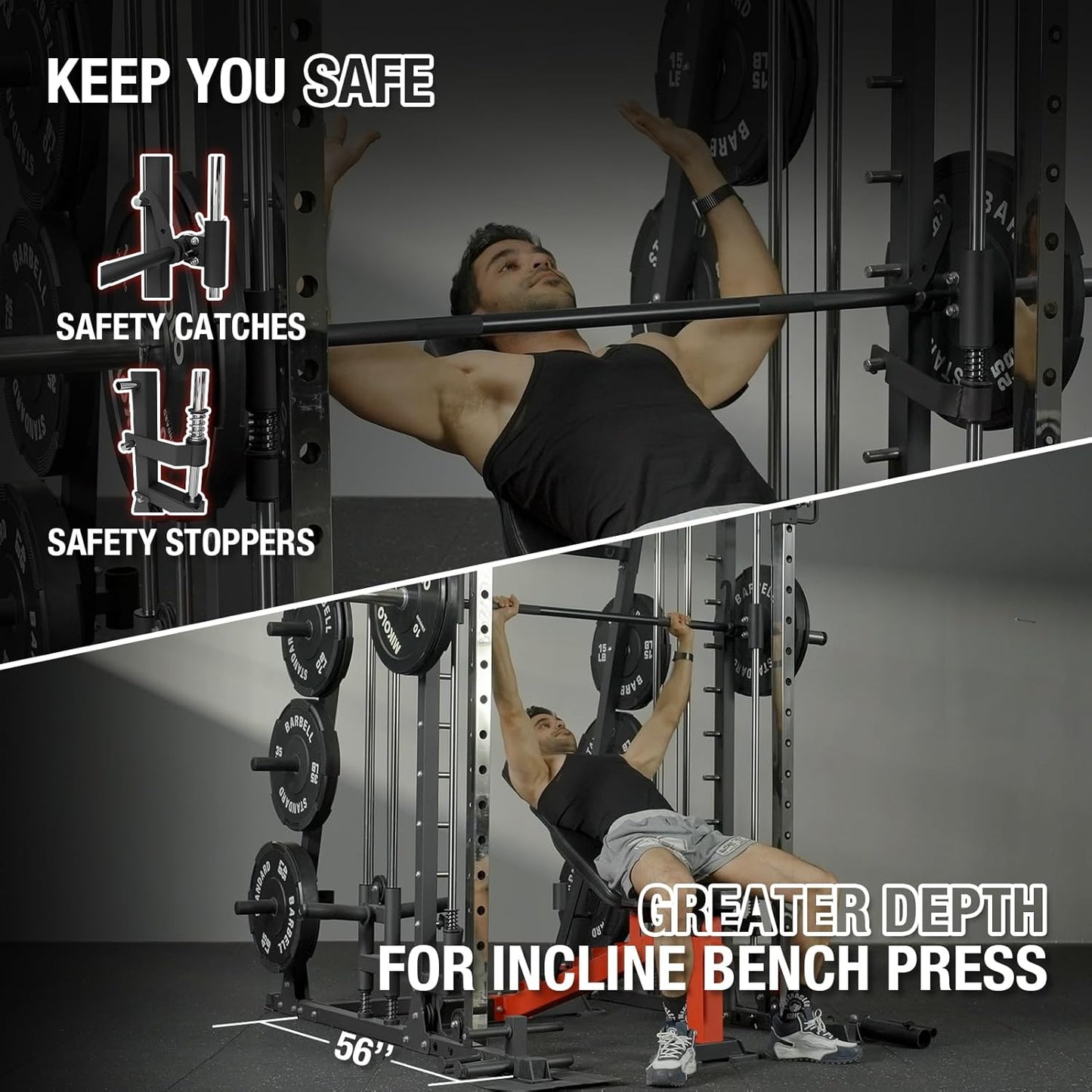 Mikolo Smith Machine, 2200lbs Squat Rack with LAT-Pull Down System & Cable Crossover Machine, Training Equipment with Leg Hold-Down Attachment