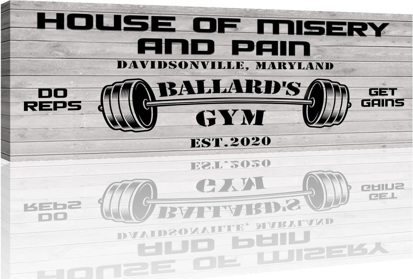 Tailored Canvases Personalized Gym Sign Wall Art Decor - Motivational Canvas for Home Gym, Workout Room, Garage, Fitness Center - Workout Inspirational Posters - House of Misery and Pain, White Wood 48x16in
