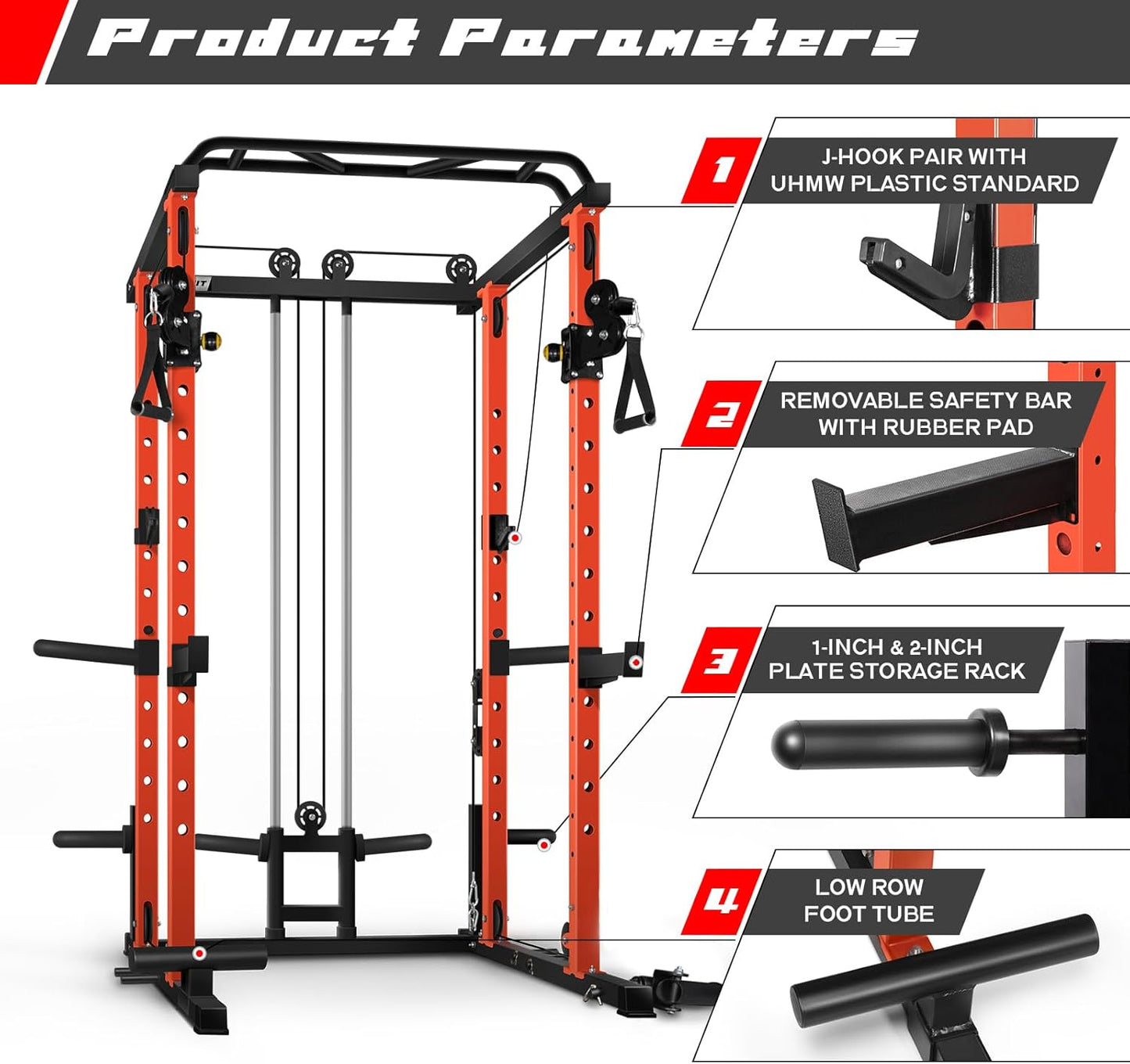 RitFit Multi-Function Squat Rack Power Cage PPC03 with Cable Crossover System, 1000LBS Capacity Power Rack and Packages with Optional Weight Bench, Barbell Weight Set, for Garage Workout & Home Gym