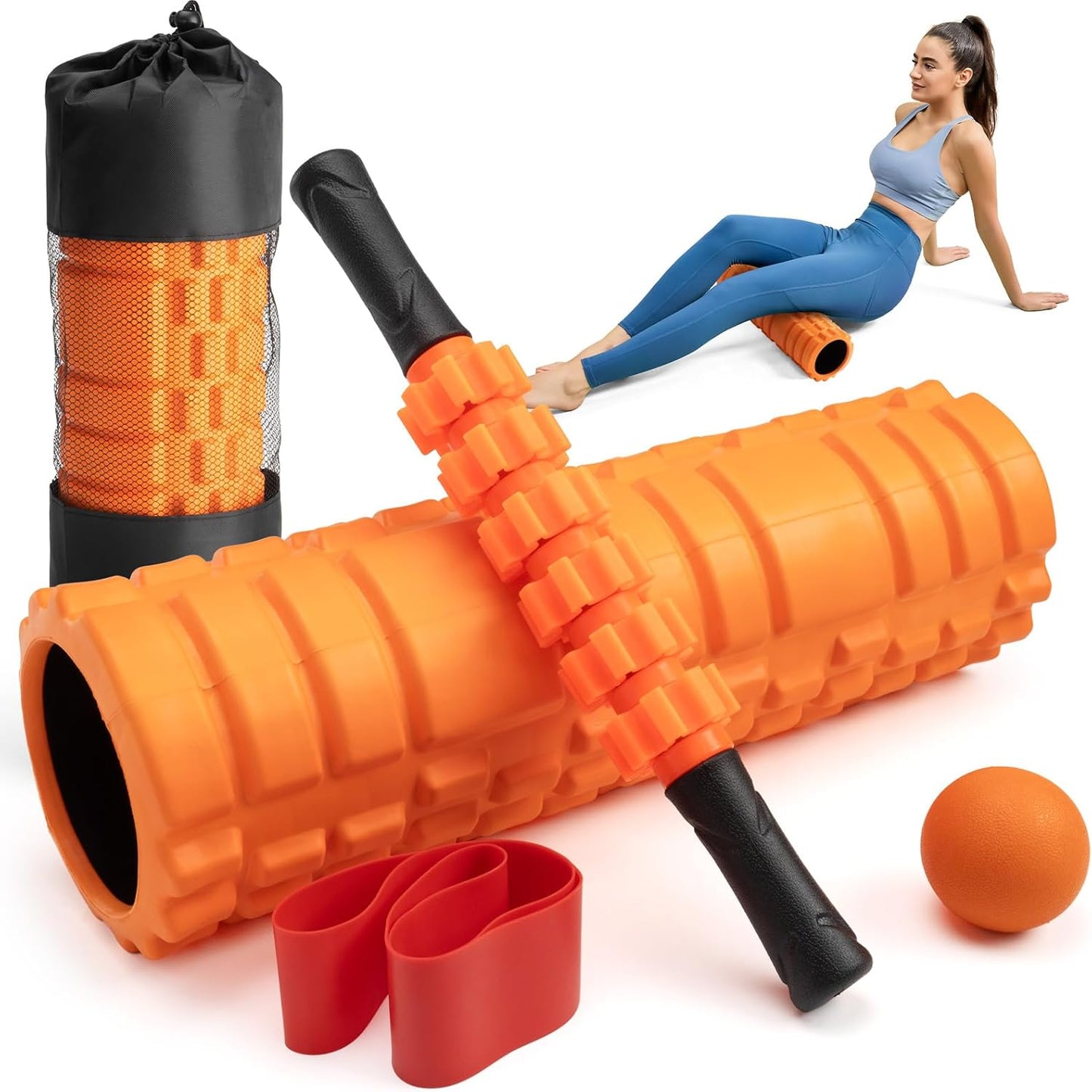 5 in 1 Foam Roller High Density Foam Roller Set for Deep Tissue Muscle Massage, 18" Trigger Point Fitness Exercise Massage Roller, Self-Myofascial Release for Whole Body (Orange)
