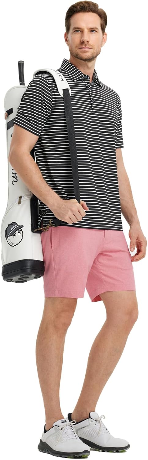Rouen Mens Polo Shirts Short Sleeve Dry Fit Performance Moisture Wicking Causal Striped Polo Collared Golf Shirts for Men