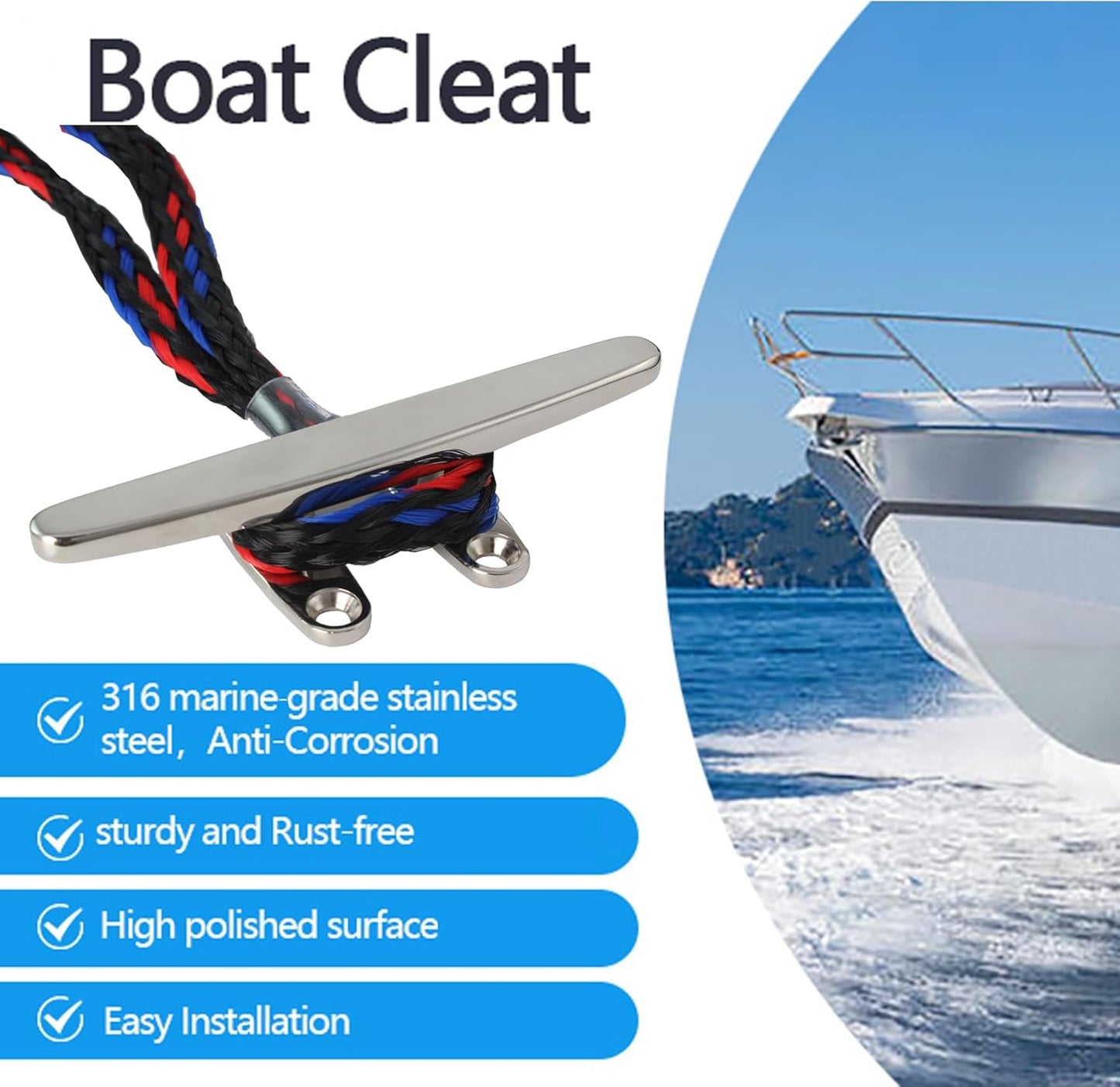 5/6/8 inch Dock Cleats - 316 Stainless Steel Boat Cleats Boat Dock Cleats,Open Base Flat Top Dock Cleat with Fasteners,Rope Cleat Boat Cleat for Deck/Nautical Decor(2,4,6Pack)