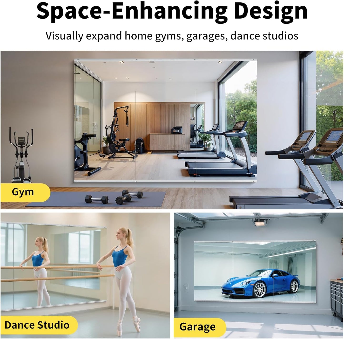 Home Gym Mirror - 80x40 Inch,3PCS Frameless Tempered Glass Full Body Mirror for Wall Mount - Ideal for Yoga, Workout, Bedroom, Dance Studio (Silver)