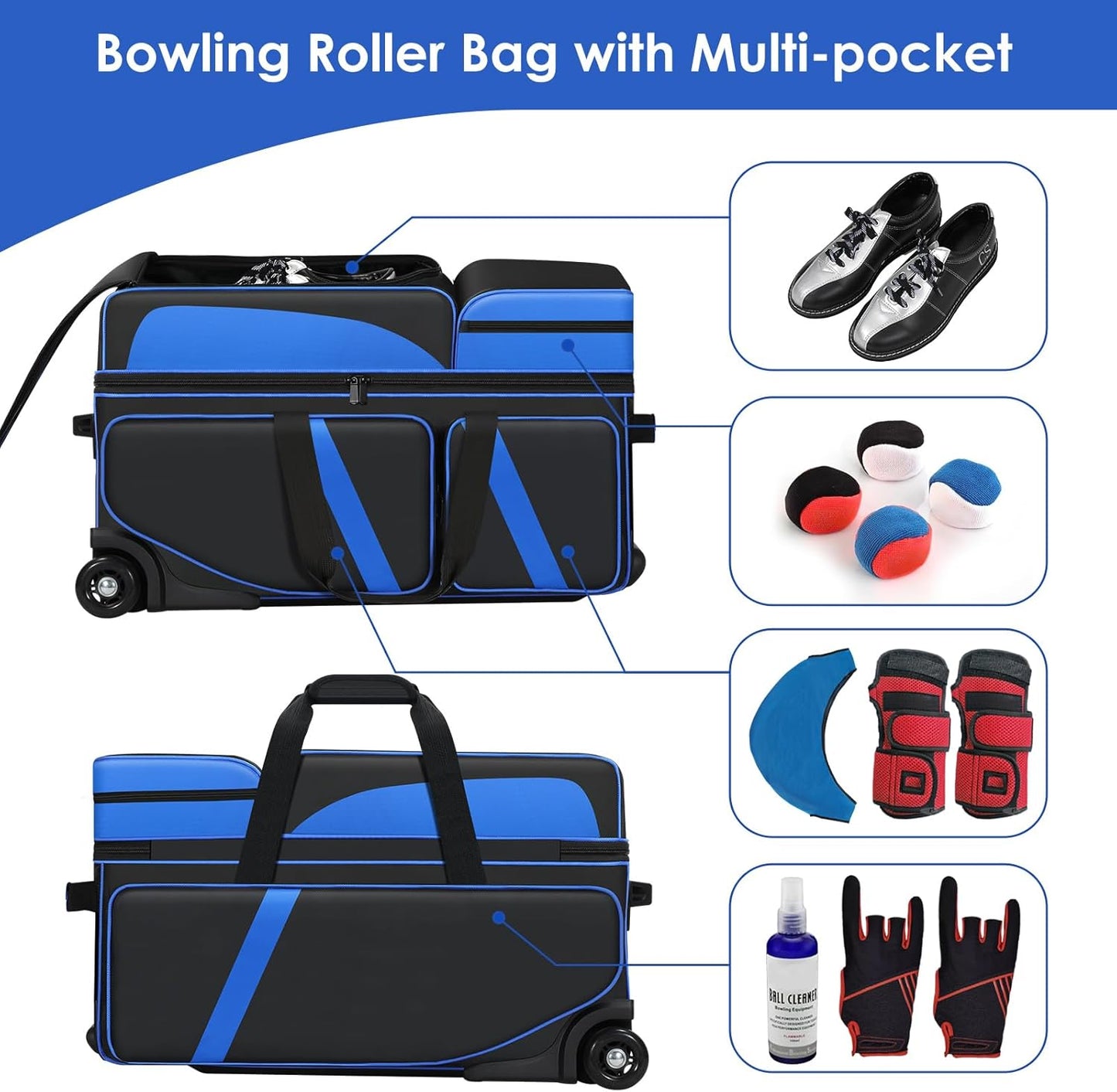 3 Ball Bowling Bag with Wheels, Bowling Bag 3 Ball Roller with Shoe Compartment (Fits Up to Size 16), with Multi-pocket and Retractable Handle Extends to 41.5"