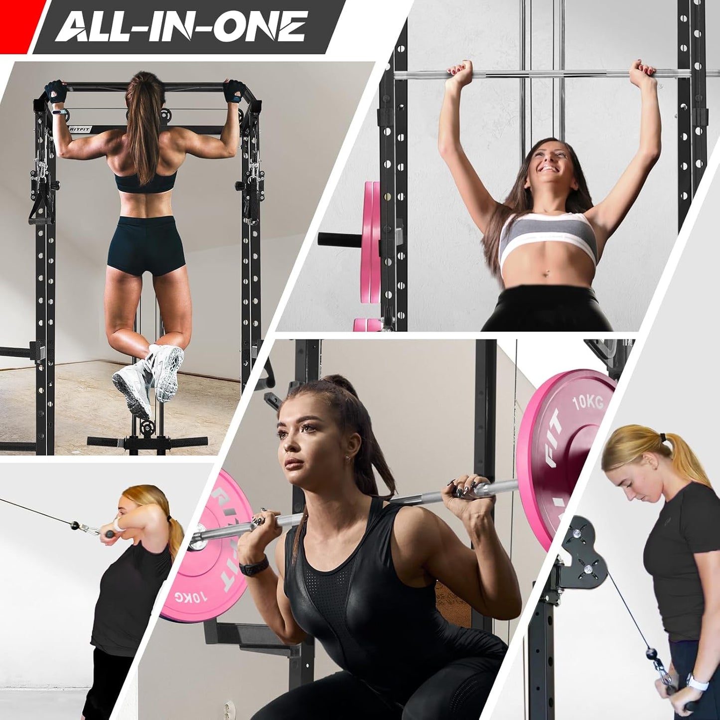 RitFit Multi-Function Squat Rack Power Cage PPC03 with Cable Crossover System, 1000LBS Capacity Power Rack and Packages with Optional Weight Bench, Barbell Weight Set, for Garage Workout & Home Gym