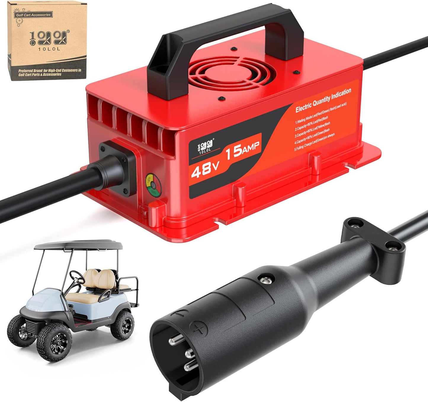 10L0L Club-Car-DS Charger 48V 15A 3-Pin Round Plug Golf Cart Rapid Charger - IP68 Waterproof, Auto Shut-Off, Smart Cooling, Aluminum Housing, Charging Indicator (Red)