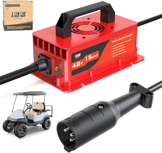 10L0L Club-Car-DS Charger 48V 15A 3-Pin Round Plug Golf Cart Rapid Charger - IP68 Waterproof, Auto Shut-Off, Smart Cooling, Aluminum Housing, Charging Indicator (Red)