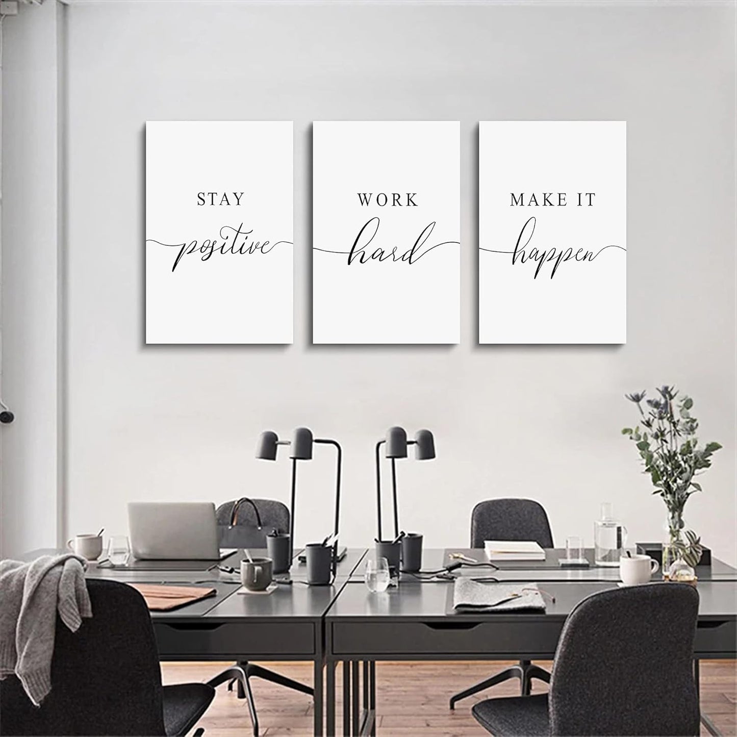 Framed Canvas Wall Art Work Quote, Office Wall Art Decor, Stay positive work hard make it happen, gift for father, boss gift, Inspirational Prints, Motivaional Wall Art (G-3pcs,16x24inchx3pcs)