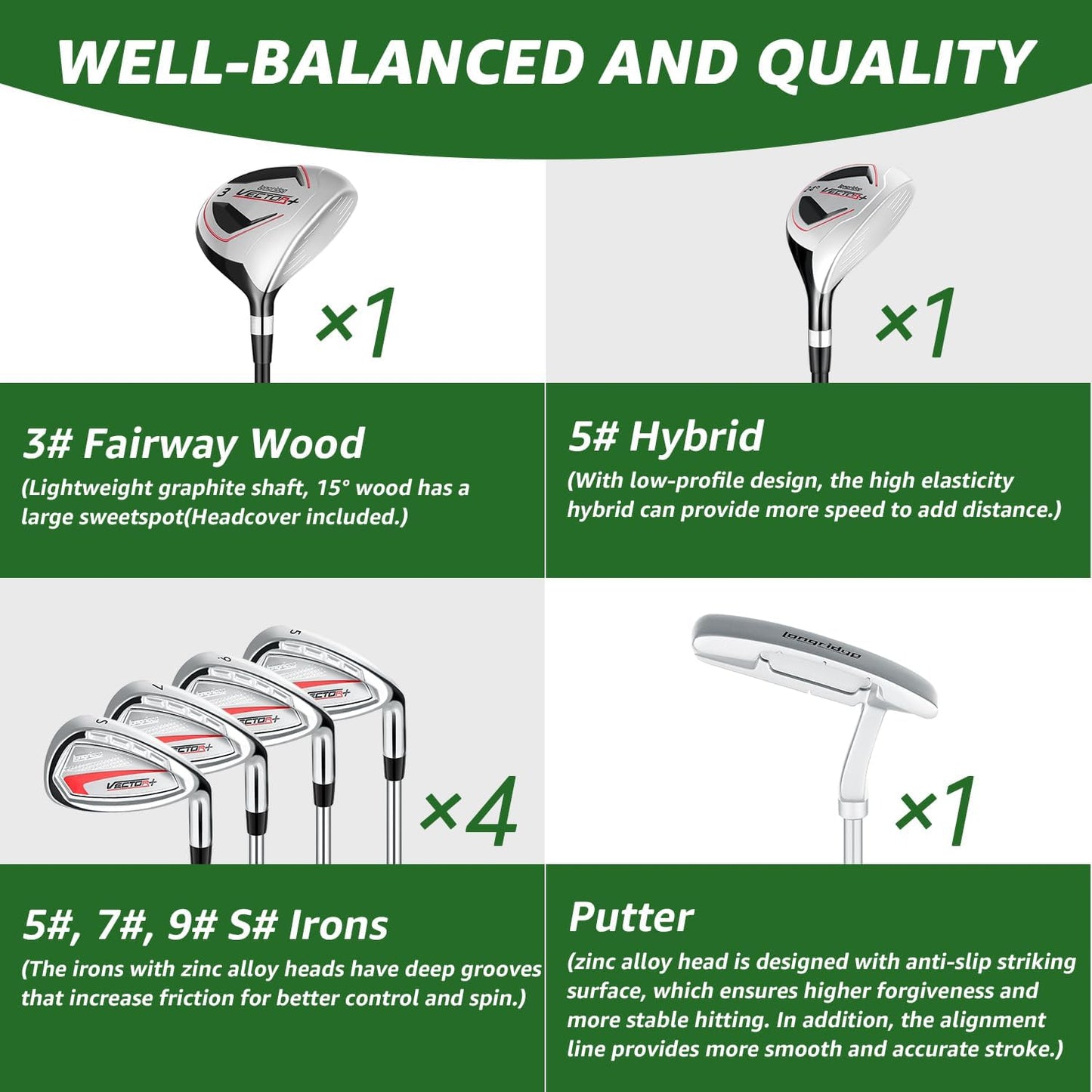 8 Pieces Complete Golf Club Set – Full Set with Bag, Fairway Wood, Hybrid, Irons, Putter – Lightweight, Beginner Friendly, Premium Quality, Distance & Accuracy, Easy to Use for Men & Women