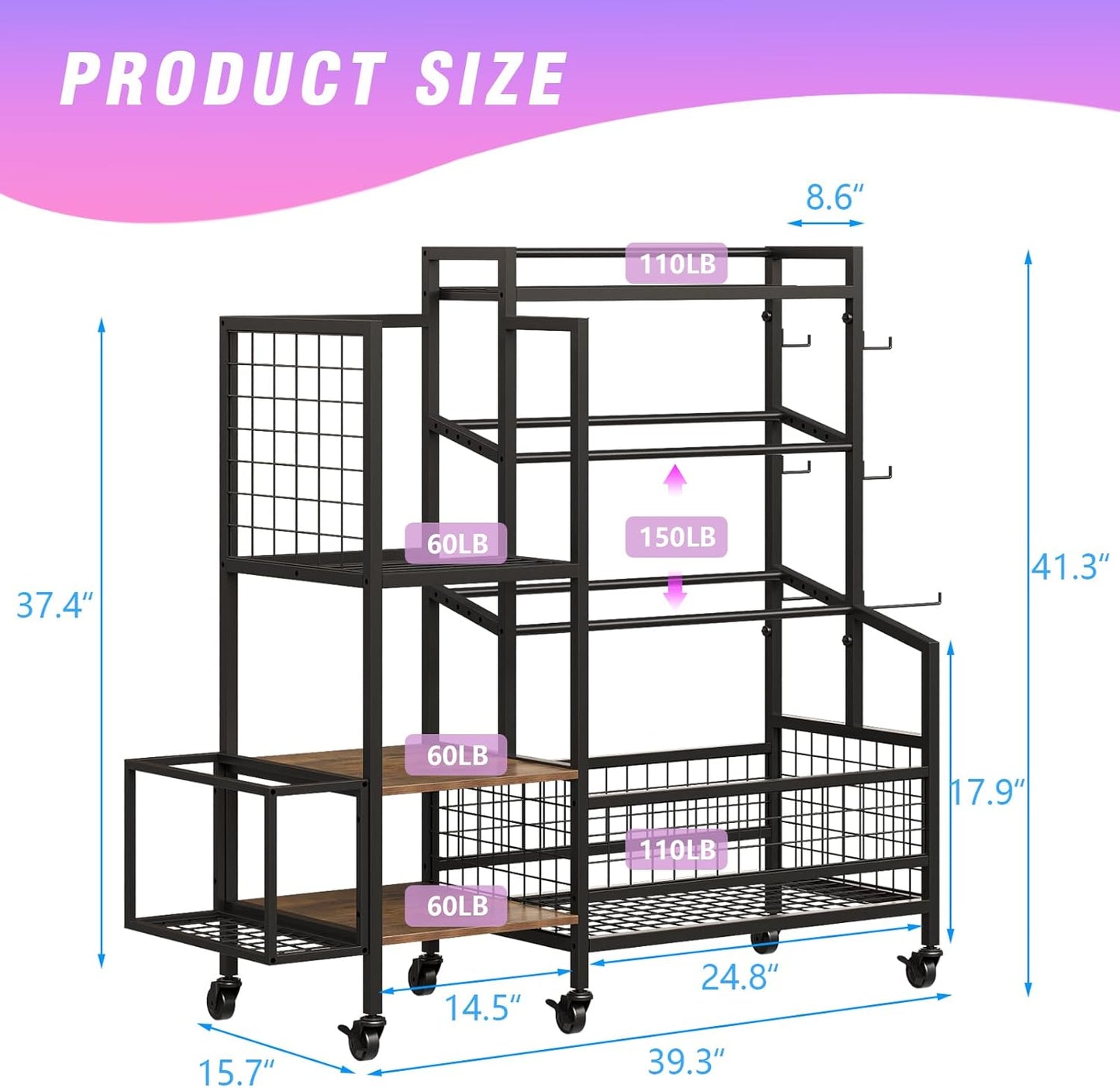 Dumbbell Rack – Adjustable Weight Storage Stand with Hooks for Home Gym, Kettlebells, Yoga Mat and Workout Equipment Heavy Duty Weight Rack with Wheels