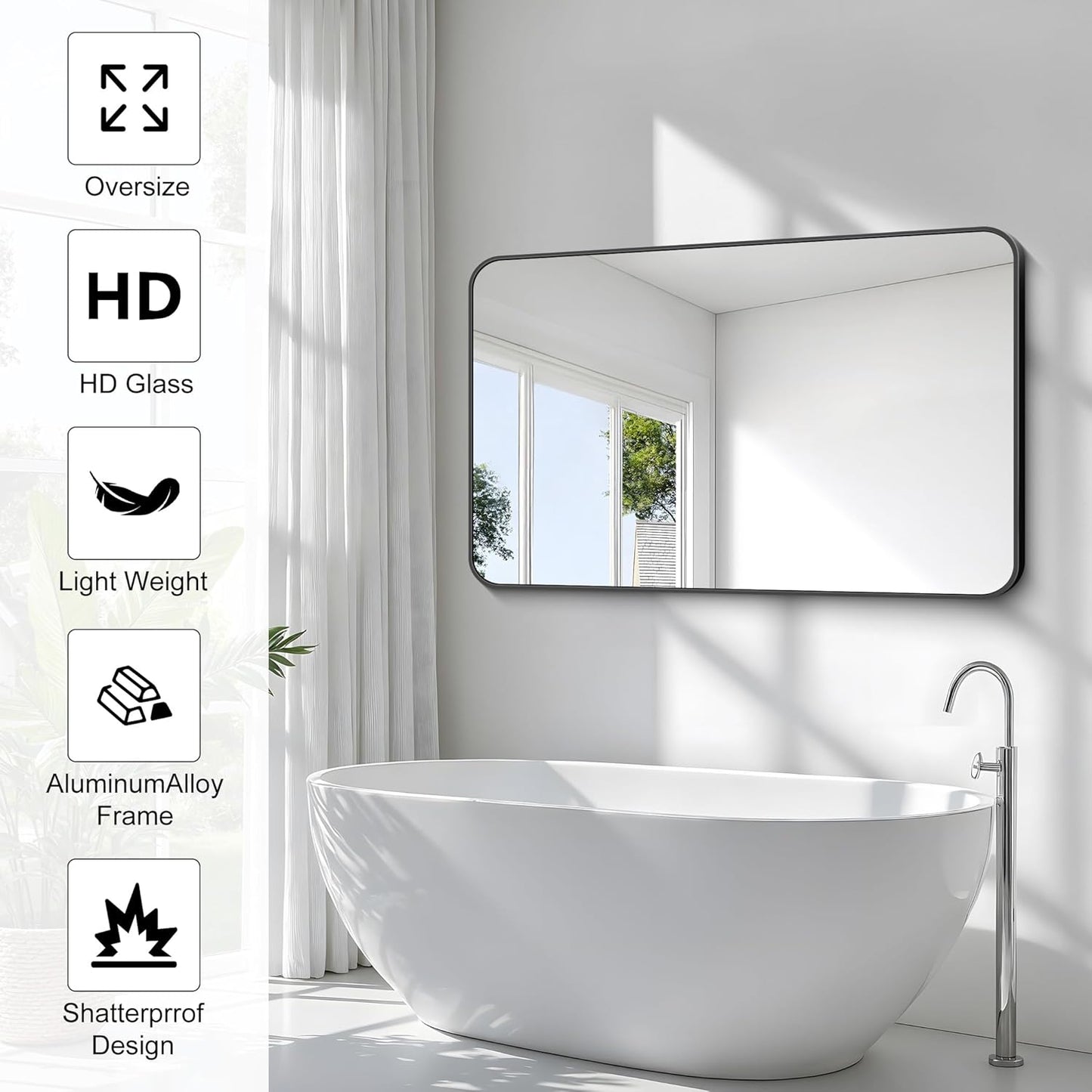 30x48 inch Bathroom Mirror,Black Rectangle Mirror,Wall Mounted Bathroom Frame Vanity Mirror with Round Corner for Bedroom Living Room, Entryway Hangs Horizontal or Vertical