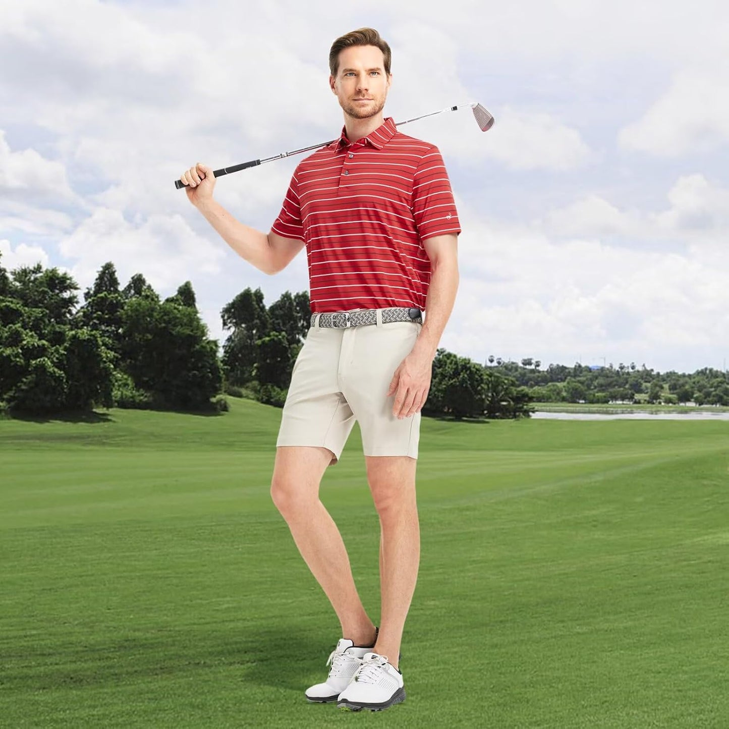 Rouen Mens Golf Shirt Moisture Wicking Dry Fit Performance Stripe Casual Collared Short Sleeve Golf Polo Shirts for Men