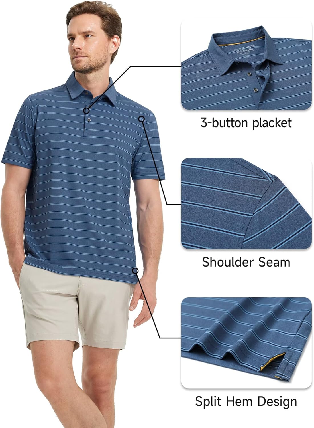 Rouen Polo Shirts for Men Dry Fit Performance Heather Stripe Golf Polo Moisture Wicking Lightweight Breathable Golf Shirts