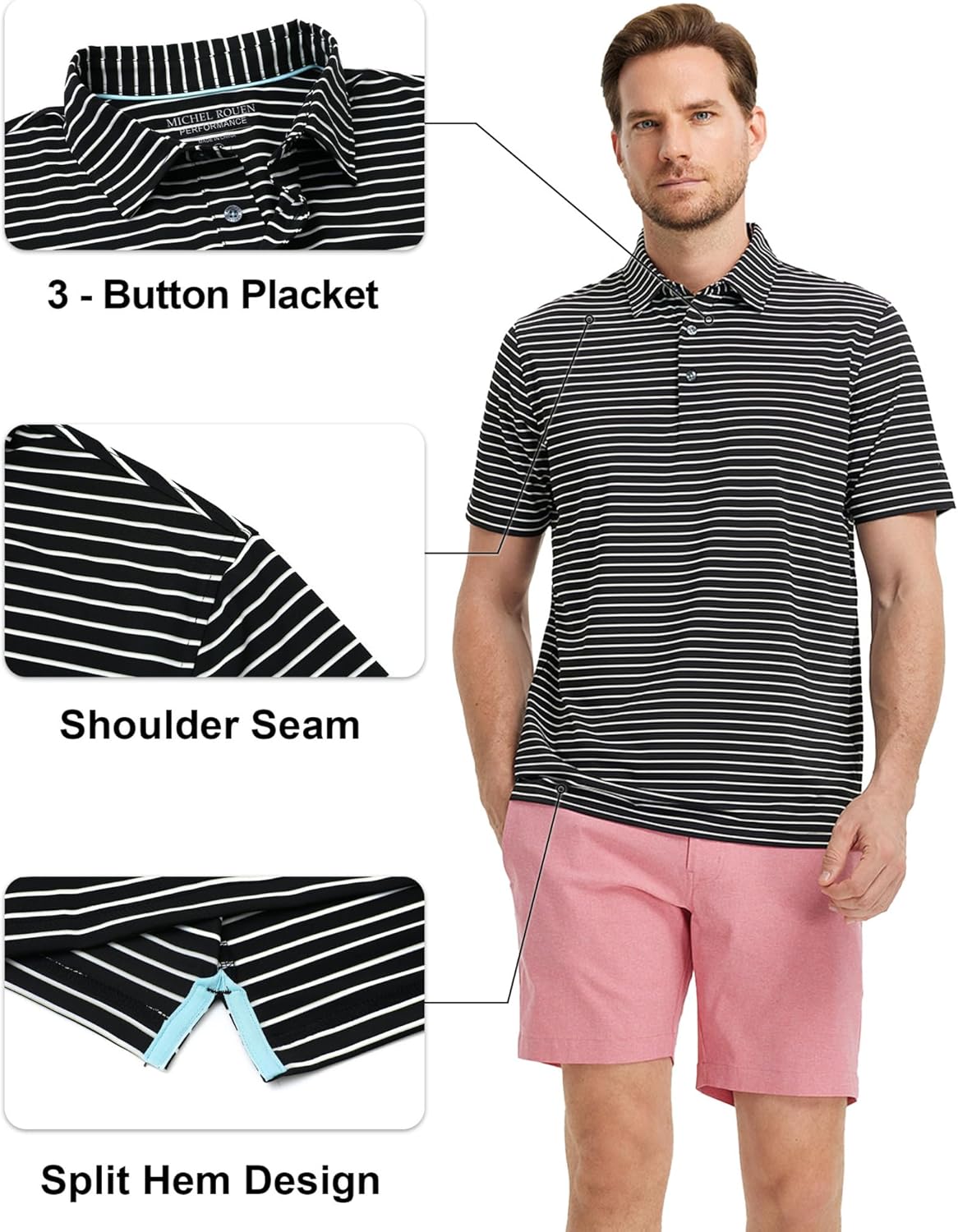 Rouen Mens Polo Shirts Short Sleeve Dry Fit Performance Moisture Wicking Causal Striped Polo Collared Golf Shirts for Men