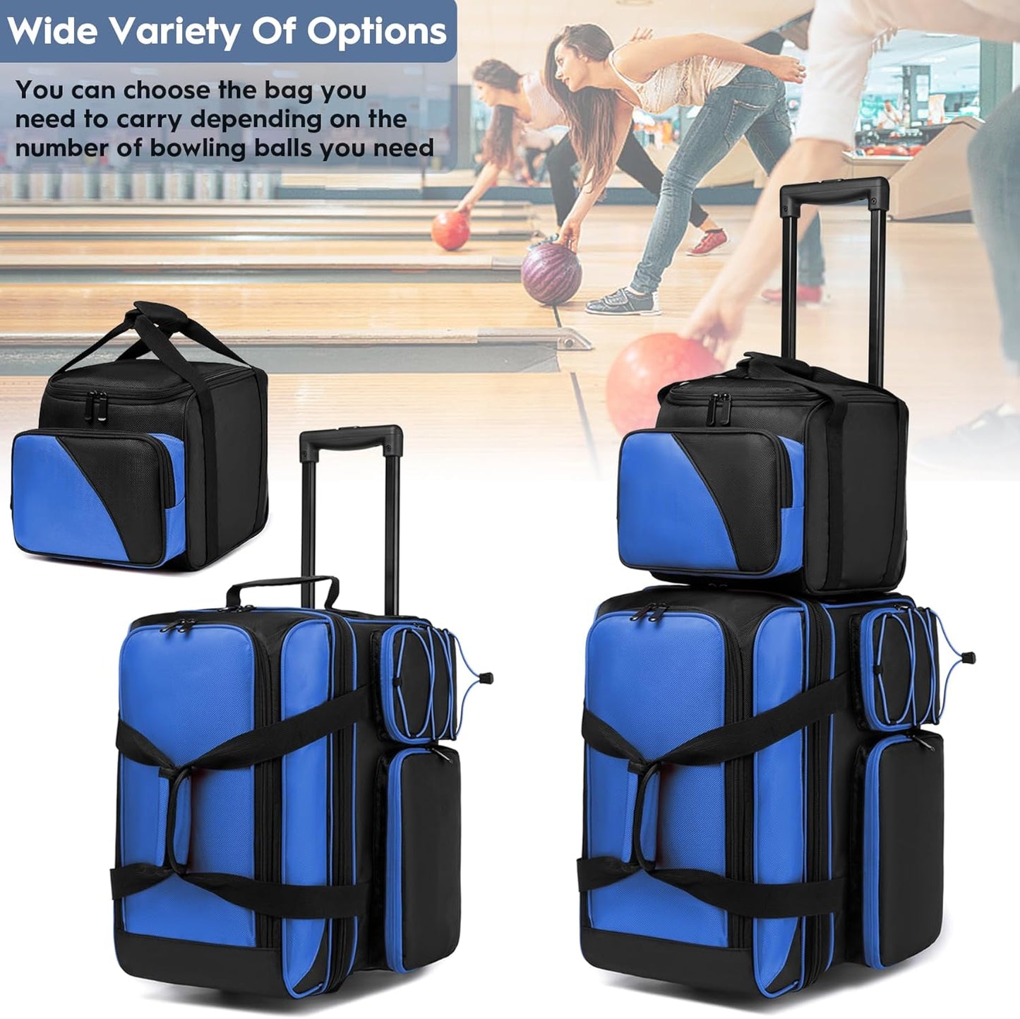 3 Ball Bowling Bag with Wheels, Bowling Bag 3 Ball Roller with Separate Shoe Compartment and Accessory Pocket, 2 Ball Roller Bag Plus Single Ball Tote