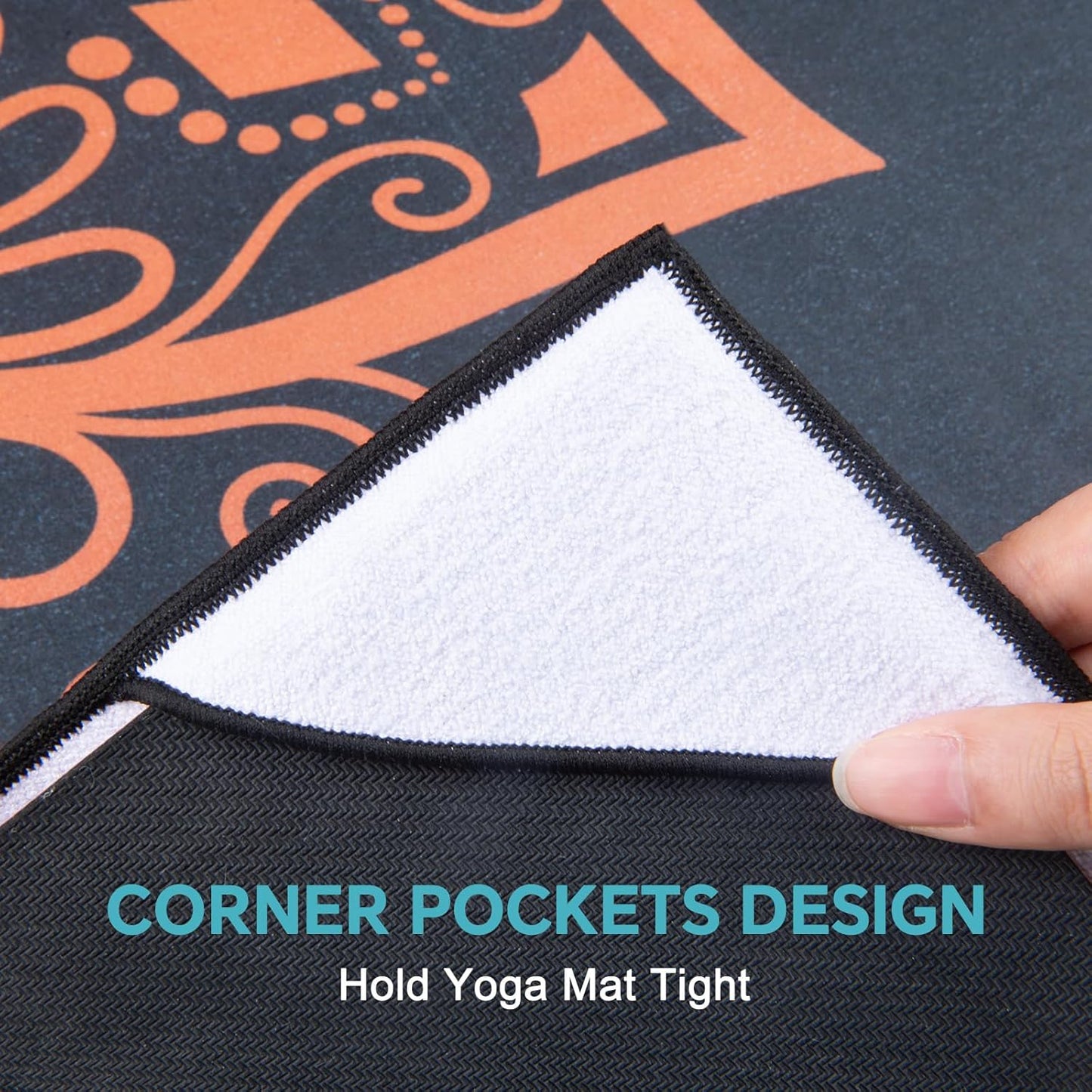 QiyI Yoga Mat Towel with Corner Pockets, Non Slip Sweat Absorbent Hot Yoga Towels, Soft Yoga Blankets with Travel Bag, Skidless Mat Cover for Workout, Gym, Fitness - 70"x26", Luxury Golden Mandala