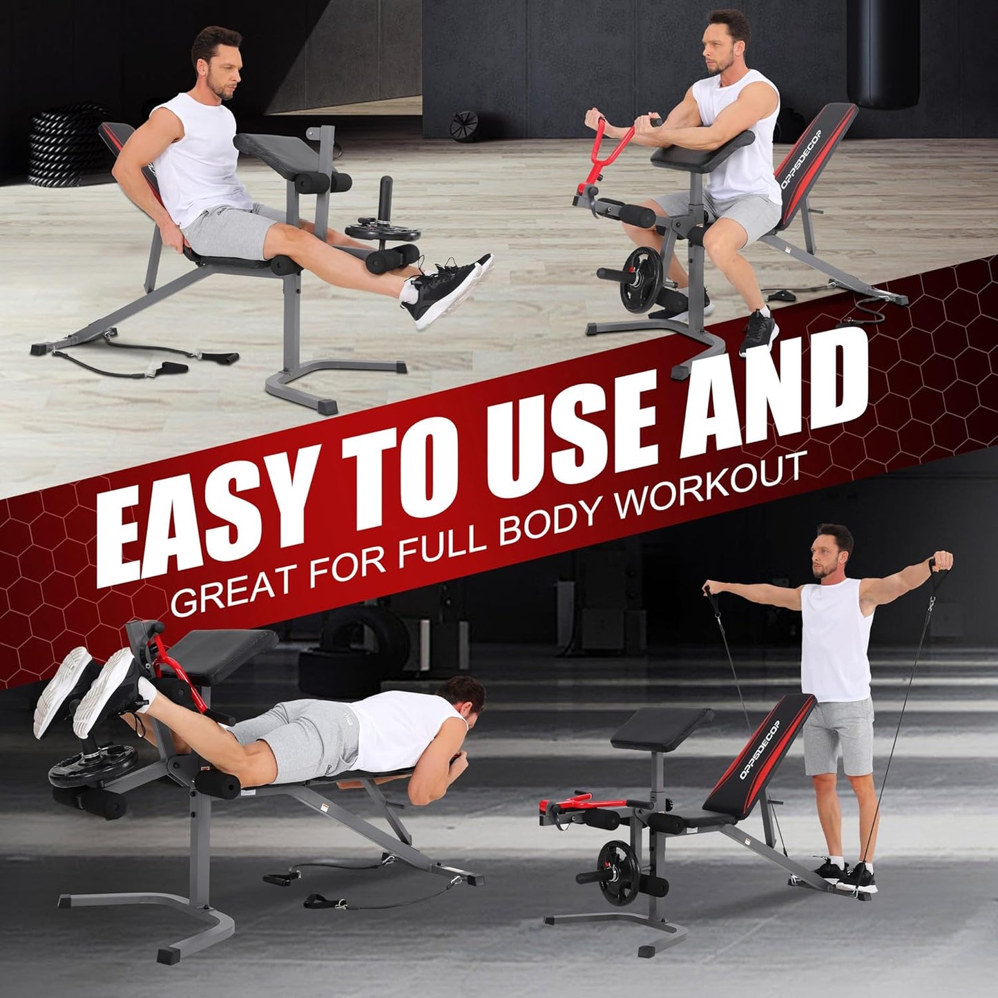 OPPSDECOR Adjustable Weight Bench Set with Leg Extension & Leg Curl, 900LBS Incline/Decline/Flat Preacher Curl Bench, Space-Saving Workout Bench for Home Gym