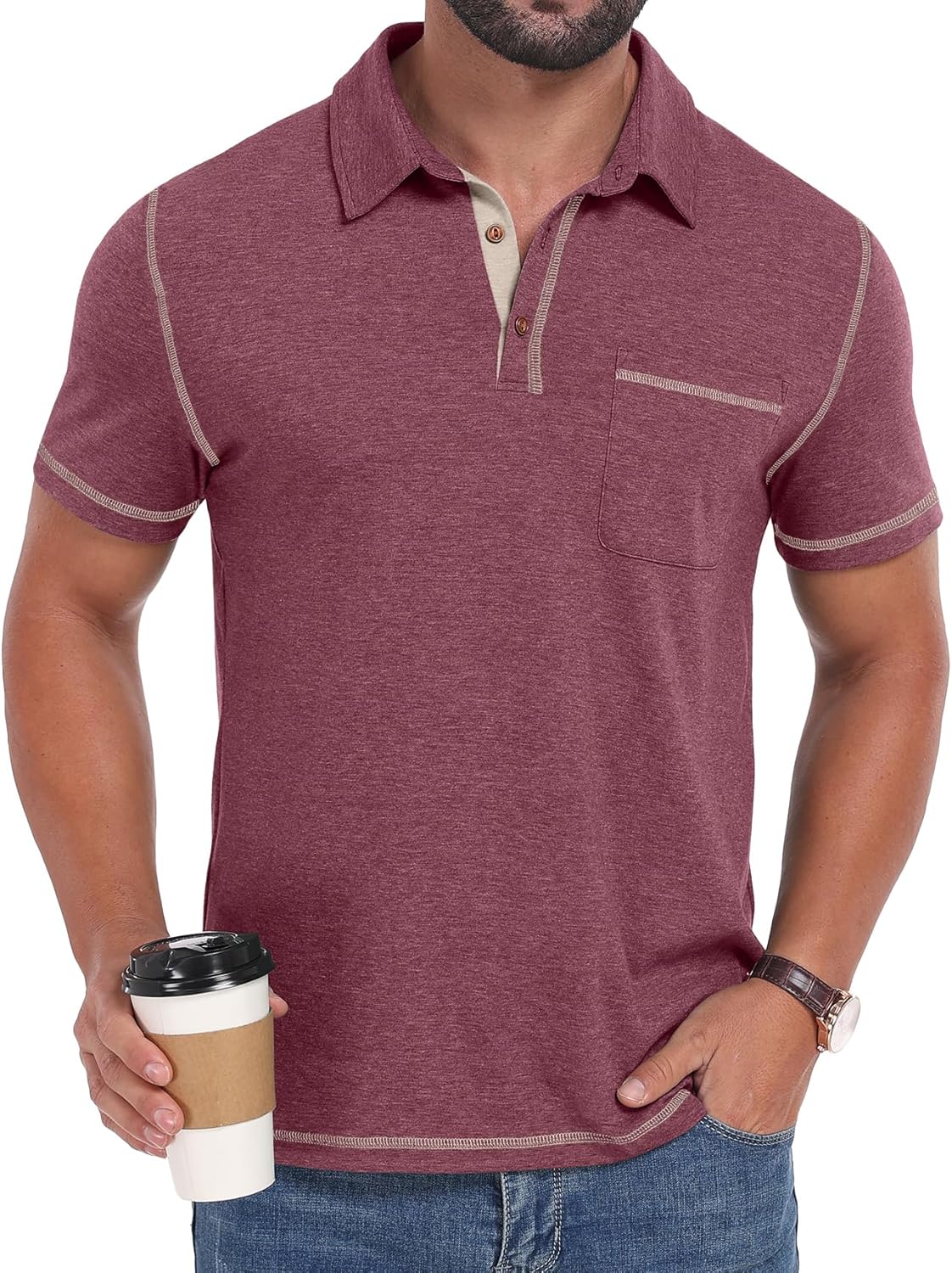 Sailwind Men's Short Sleeve Polo Shirts Casual Summer Classic Collared Golf Shirt with Pocket