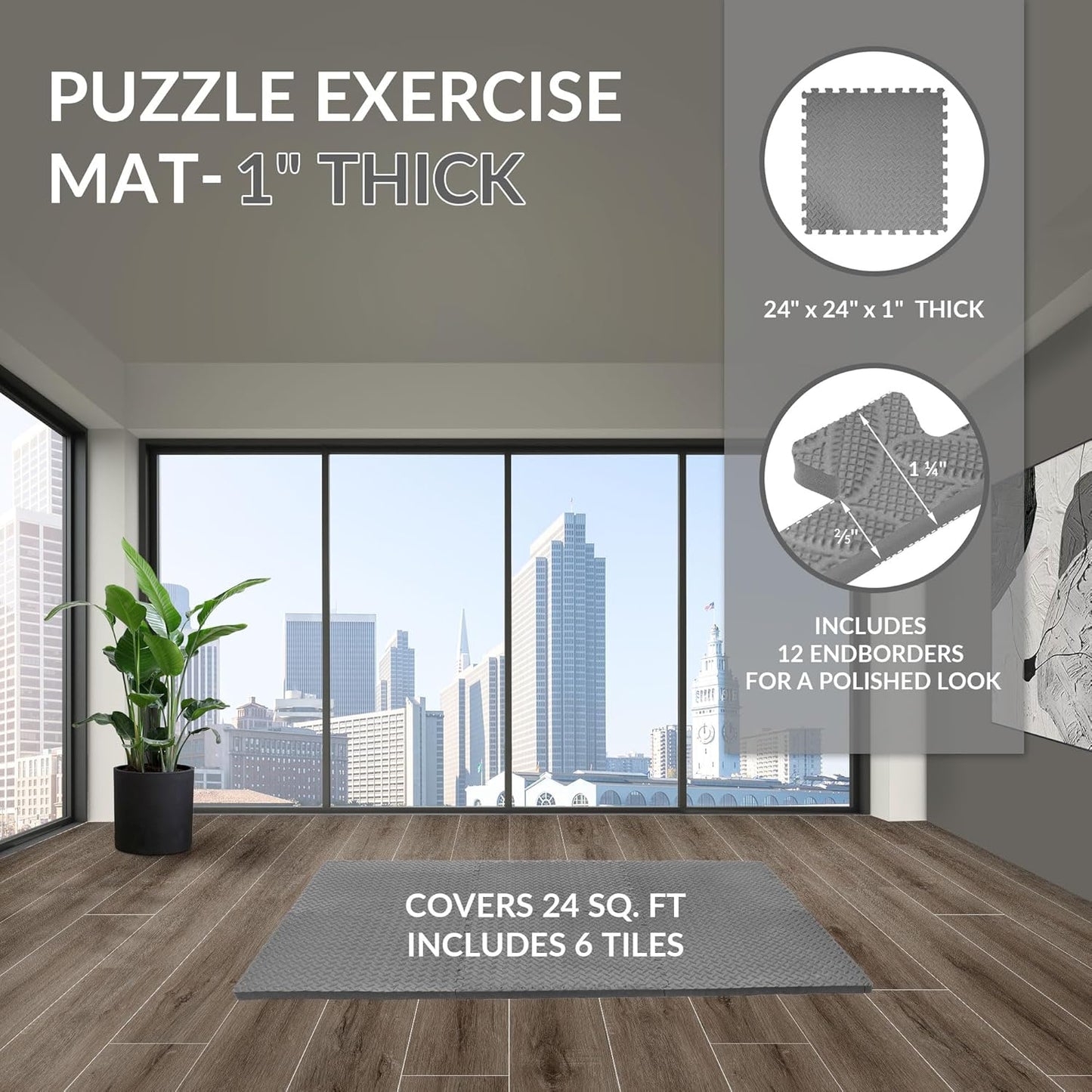 Puzzle Exercise Gym Flooring Mat, 1" Thick High-Density EVA Interlocking Tiles Workout Mat for Home Gym, Fitness Equipment, MMA, Gymnastics, 6-Piece Shock-Absorbing Exercise Mat (24 Sq Ft)