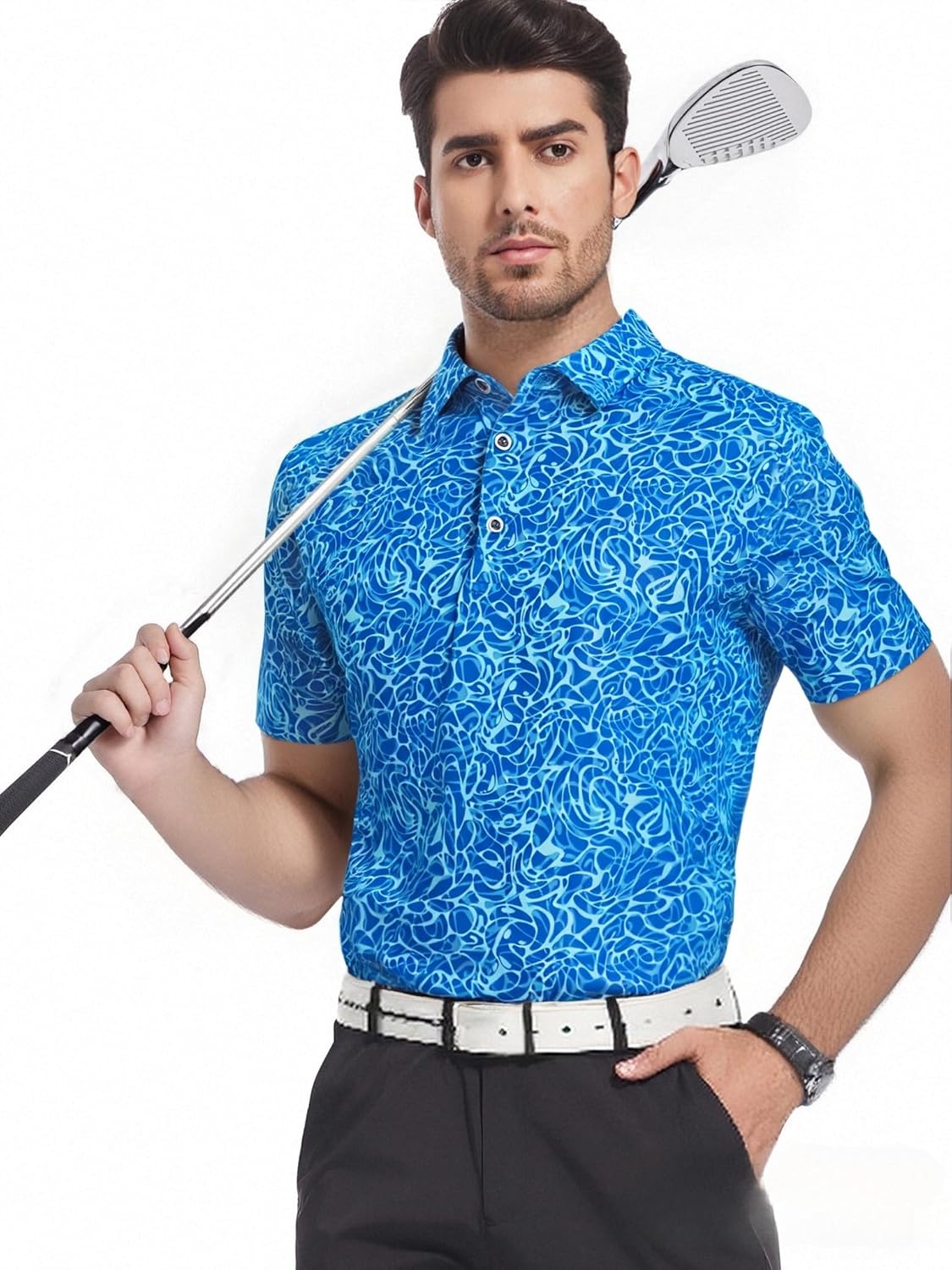 SAMERM Golf Shirts for Men Super Stretch Jacquard Dry Fit Golf Polo Moisture Wicking Short Sleeve Polo Shirts for Men
