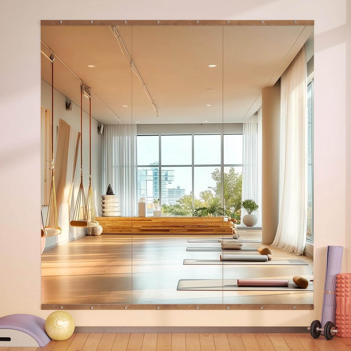 Hasipu 3Pcs 55''x17'' Home Gym Mirror Large Full Length Wall Mounted Full Body Mirror for Yoga Dance Fitness Exercise Studio Bedroom Garage, Frameless Tempered Glass Workout Mirrors Walnut Rectangular