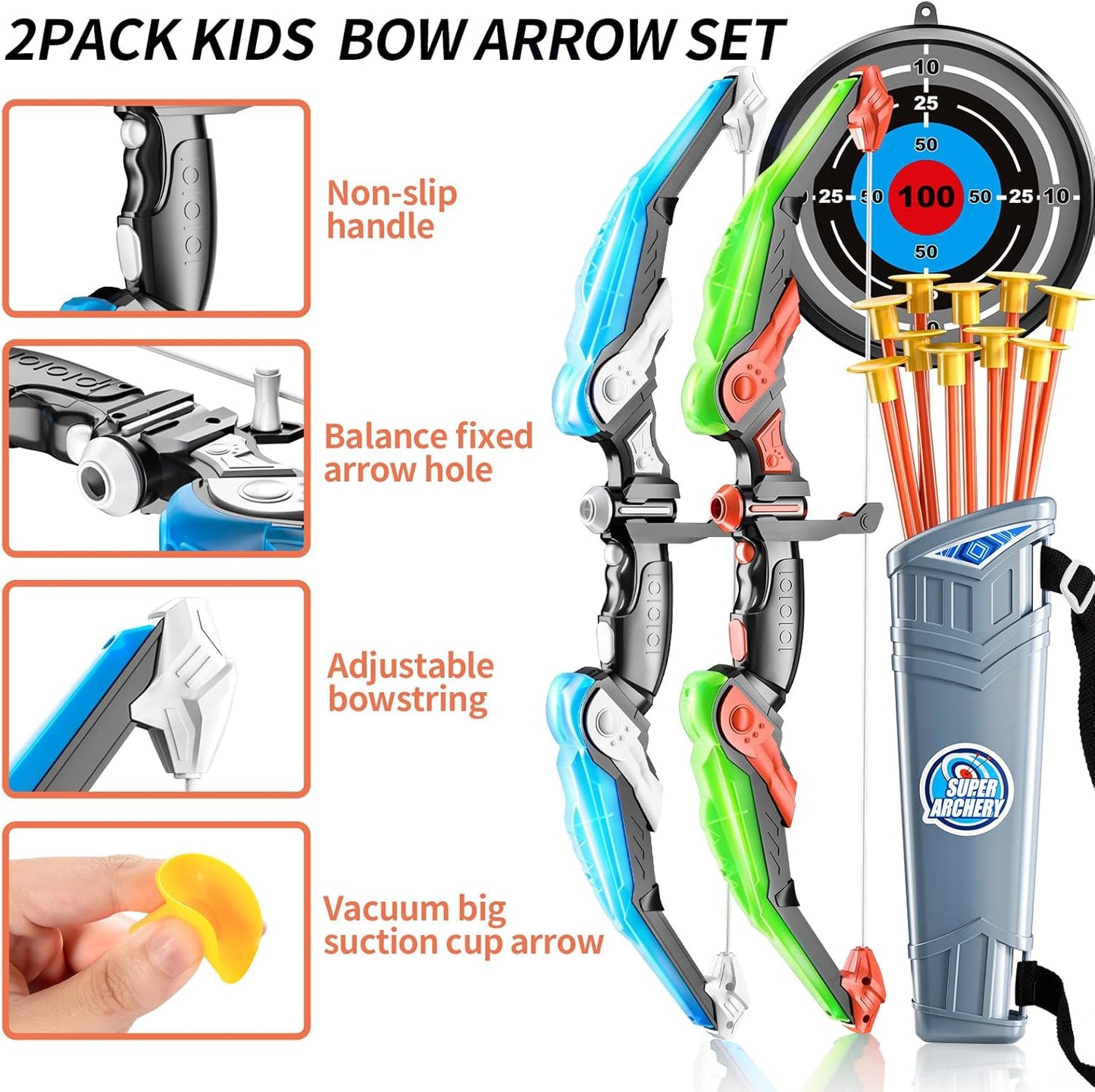 2 Pack Set Bow and Arrow Archery Toy for Kids, LED Light Up with 20 Suction Cup Arrows Target & Quiver, Outdoor Toys Kids Boys Girls Ages 3-12 Years Old