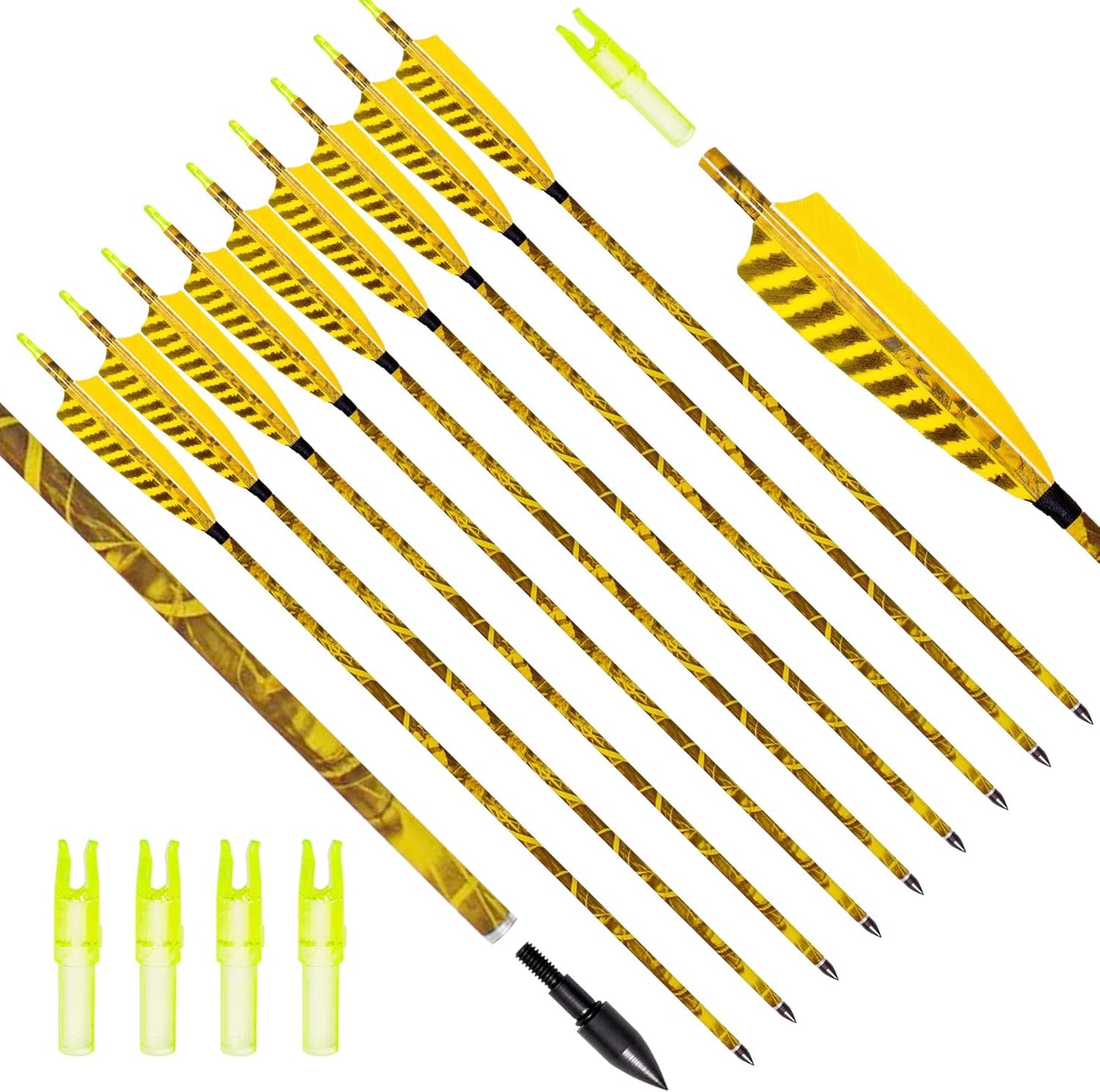 31Inch Carbon Arrow, Practice Hunting Arrows, Camo Turkey Feather Fletching, Arrows for Compound & Recurve Bow with Removable Tips Adjustable Nocks