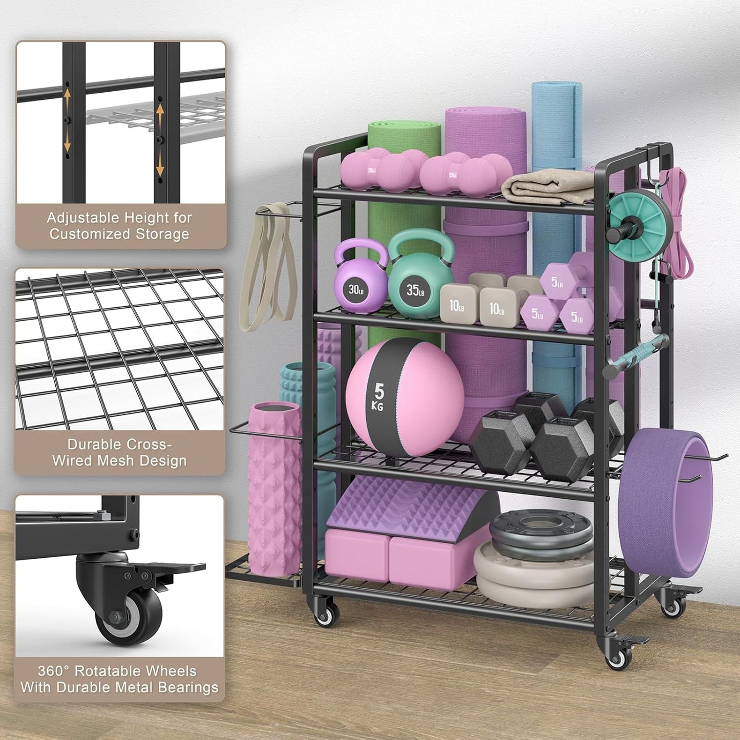 4-Tier Dumbbell Rack Stand Only, Adjustable Weight Rack for Dumbbells Kettlebells Yoga Mat, Home Gym Storage Rack with Wheels and Hooks, Powder Coated Finish