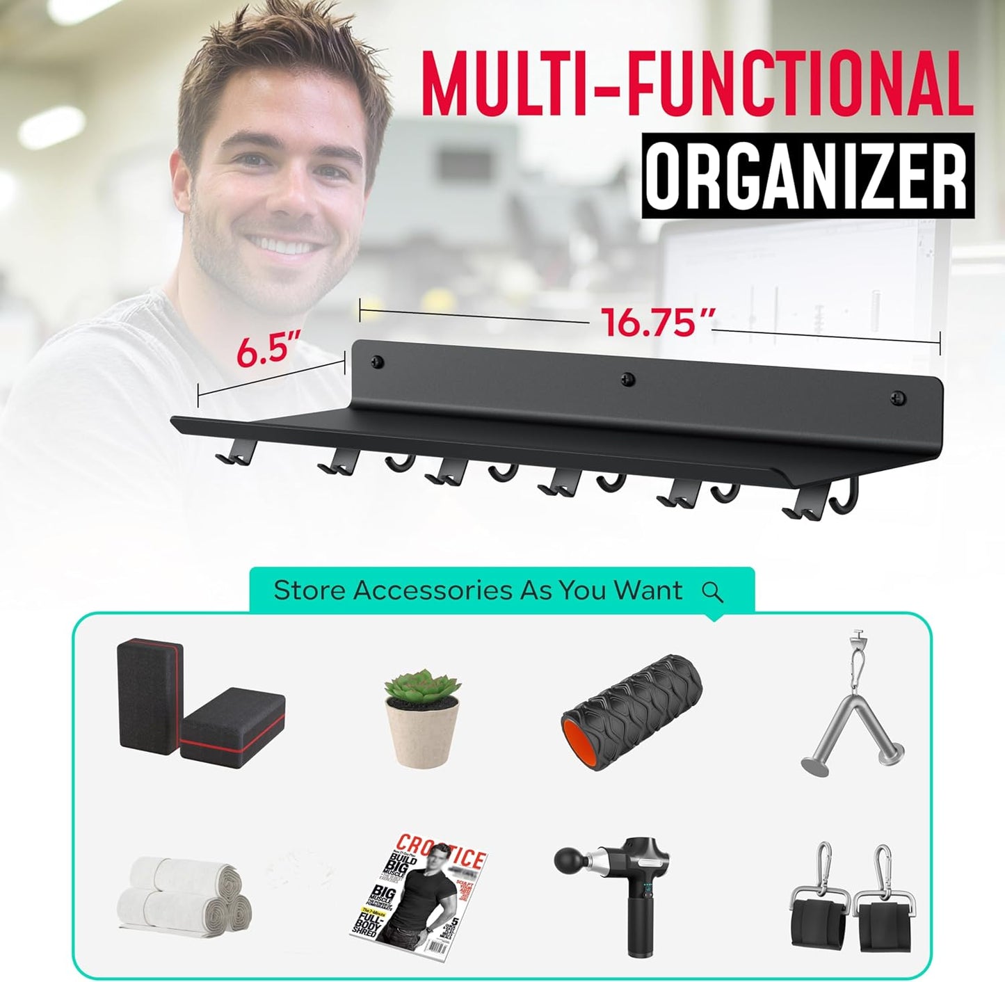 1-Tier Floating Shelf Compatible with Tonal Accessories, Home Gym Storage Shelf, Gym Rack Wall Mount Organizer, Workout Metal Holder, T-Bracket Lock Adapters Hanger, US Patent Holding