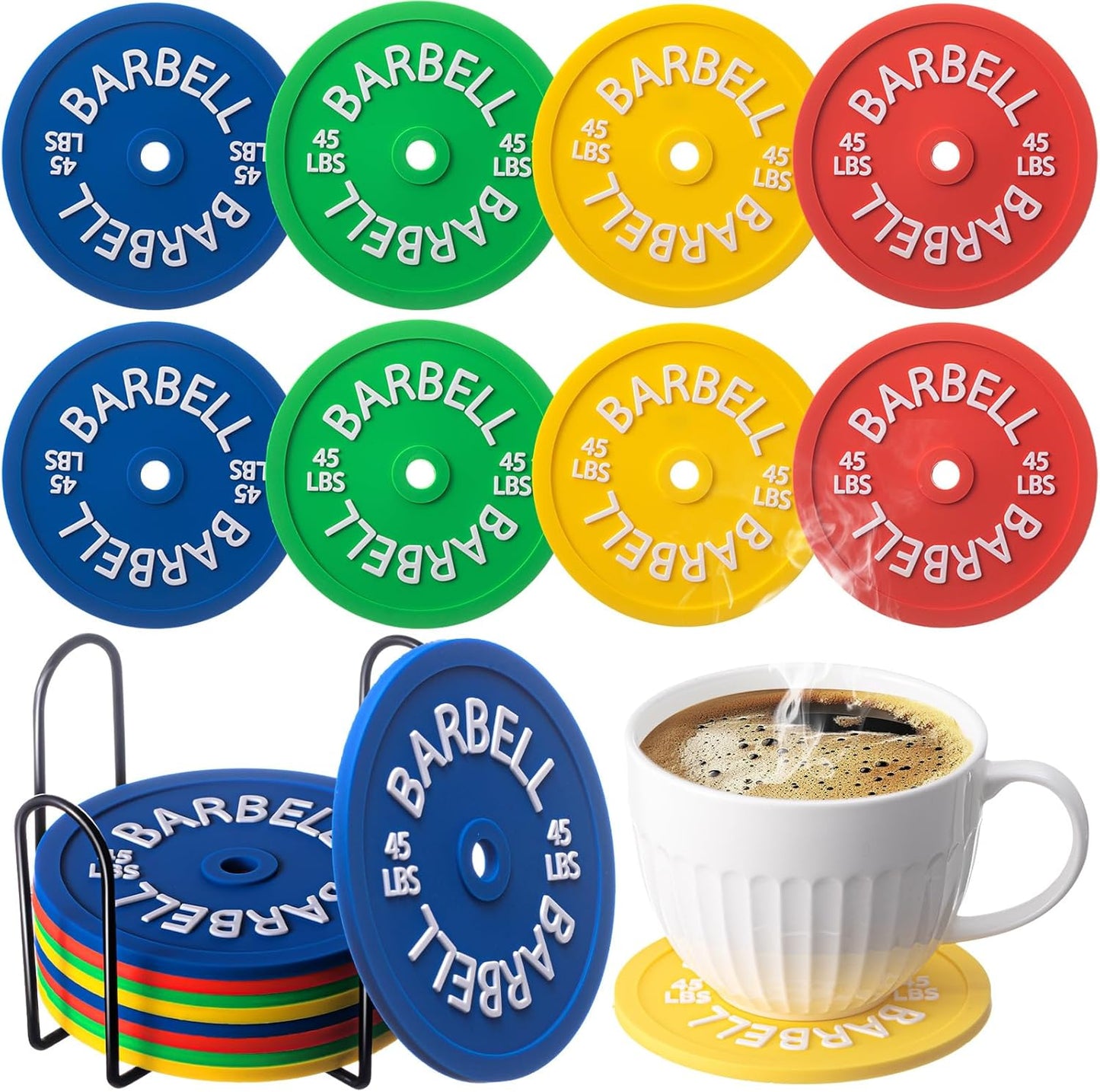 8 Pcs Barbell Bumper Plate Cool Coasters Round Silicone Coasters Weight Plate Coaster with Rack Holder for Gym Lovers Gym Accessories(Colorful)