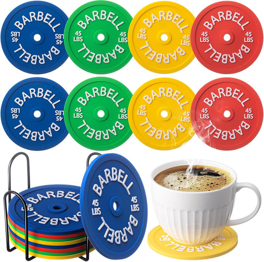 8 Pcs Barbell Bumper Plate Cool Coasters Round Silicone Coasters Weight Plate Coaster with Rack Holder for Gym Lovers Gym Accessories(Colorful)