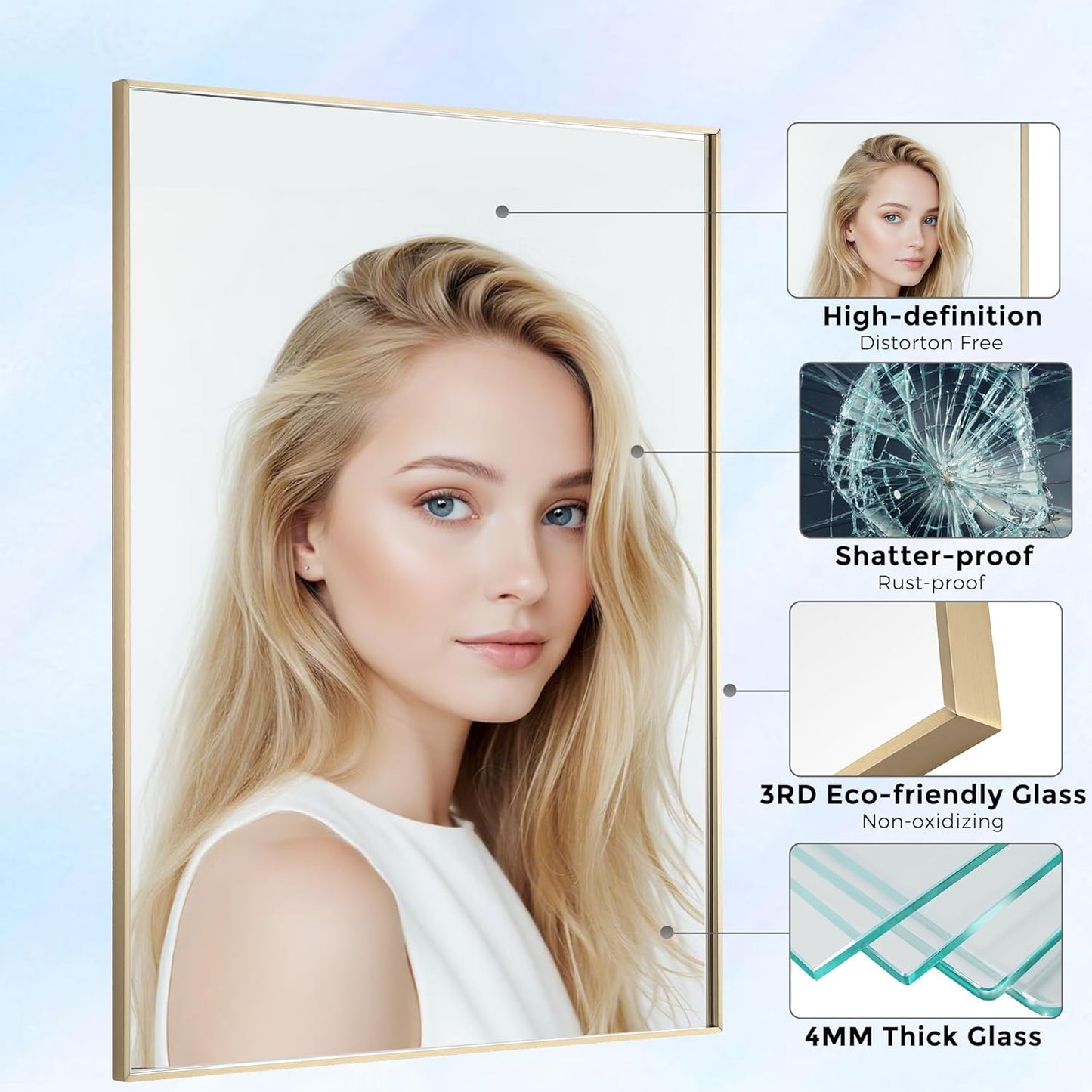 27x36 Inch Brass Bathroom Mirror for Wall, Aluminum Frame Rectangle Rectangular Vanity Mirror, Modern Large for Bedroom, Living Room, Horizontal or Vertical