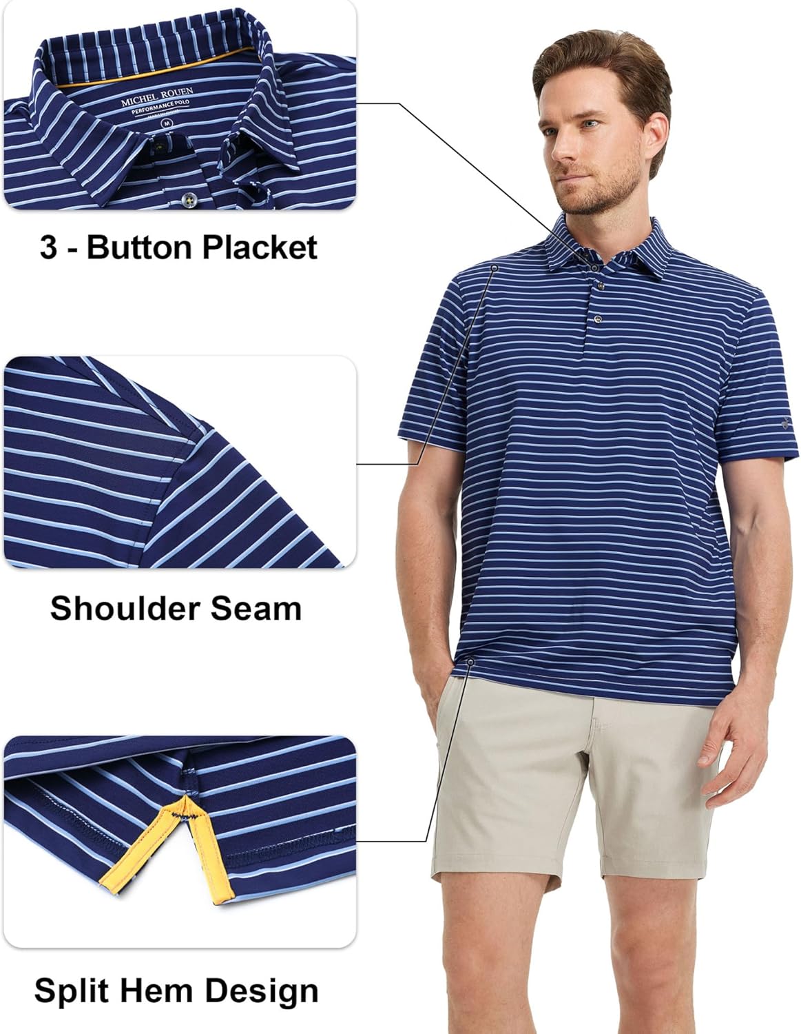 Rouen Mens Polo Shirts Short Sleeve Dry Fit Performance Moisture Wicking Causal Striped Polo Collared Golf Shirts for Men