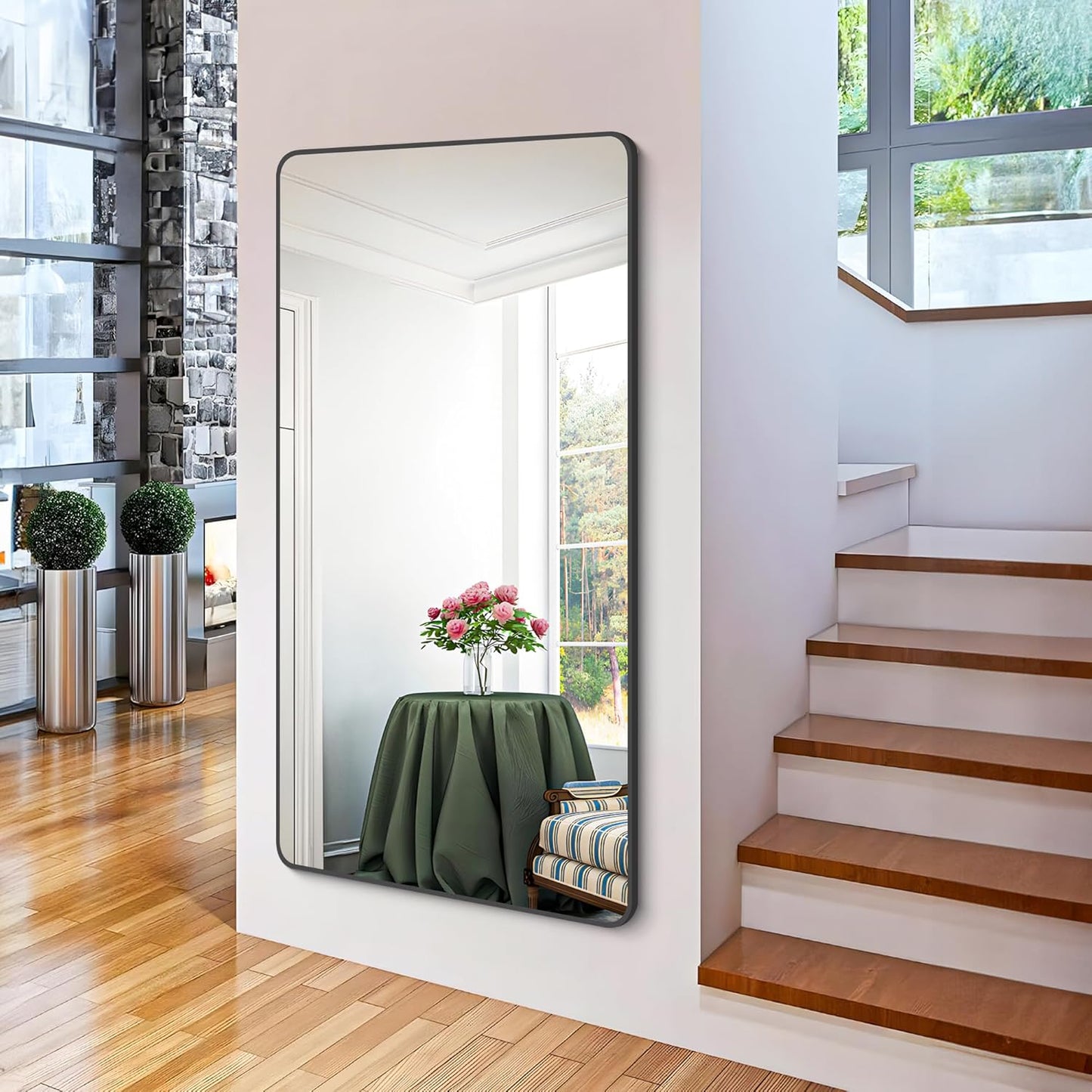 FORBATH Bathroom Mirror 30" X 60"，Large Rectangular Wall Mirror, Black Metal Framed Rounded Corner Wall Mounted Mirror for Bathroom Bedroom Entryway Decor(Horizontal/Vertical)