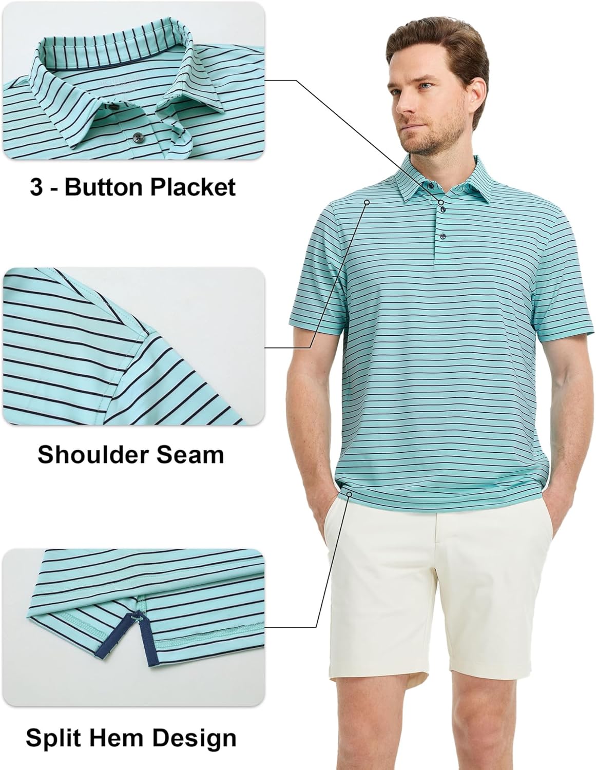 Rouen Mens Polo Shirts Short Sleeve Dry Fit Performance Moisture Wicking Causal Striped Polo Collared Golf Shirts for Men