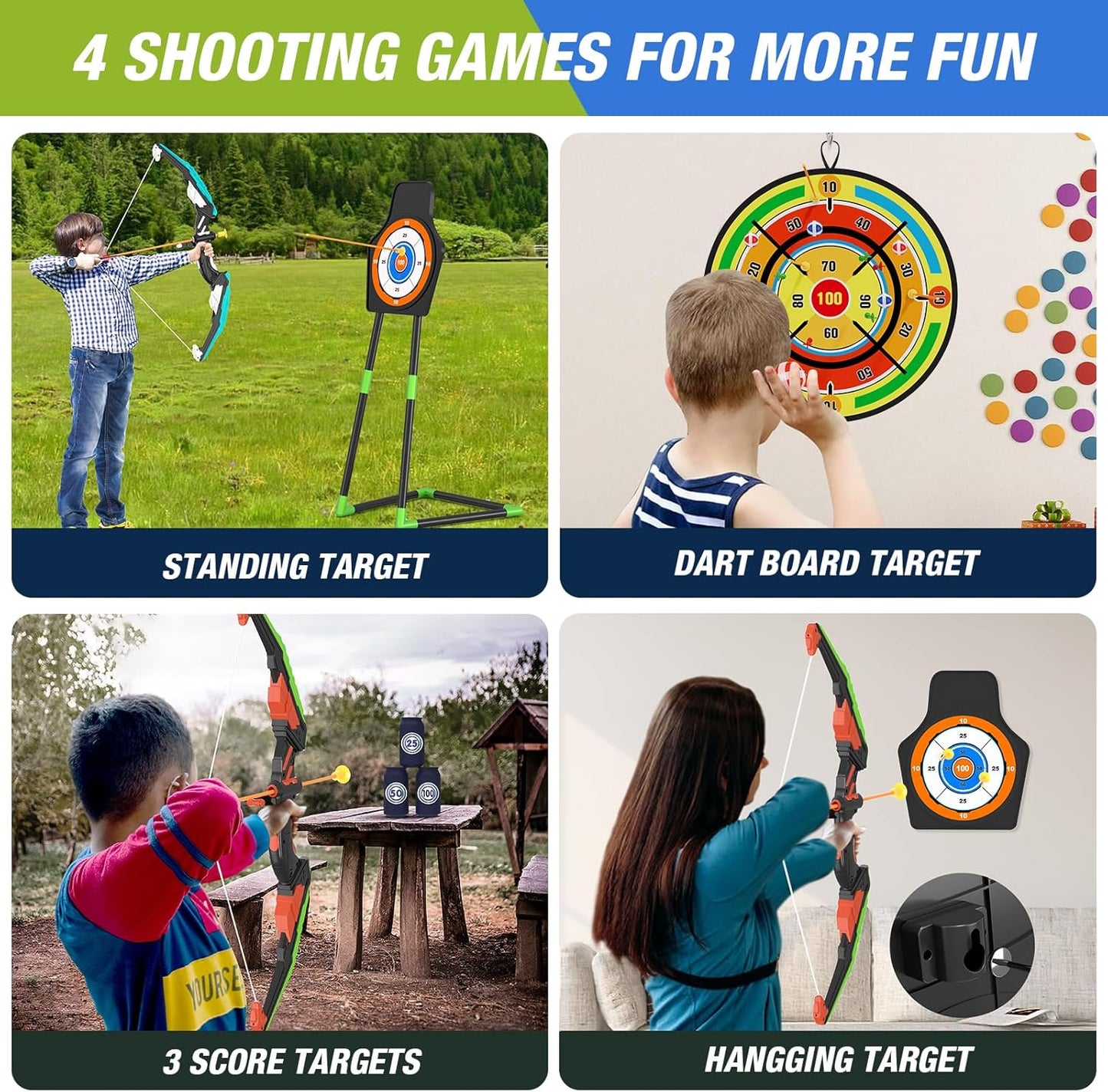 2 Pack Kids Bow and Arrow with 29" Large Dart Board, LED Light Up Archery Set with 24 Suction Cup Arrows, Indoor Outdoor Sport Toys Gifts for 3 4 5 6 7 8 9 10 11 12 Year Old Boys Girls