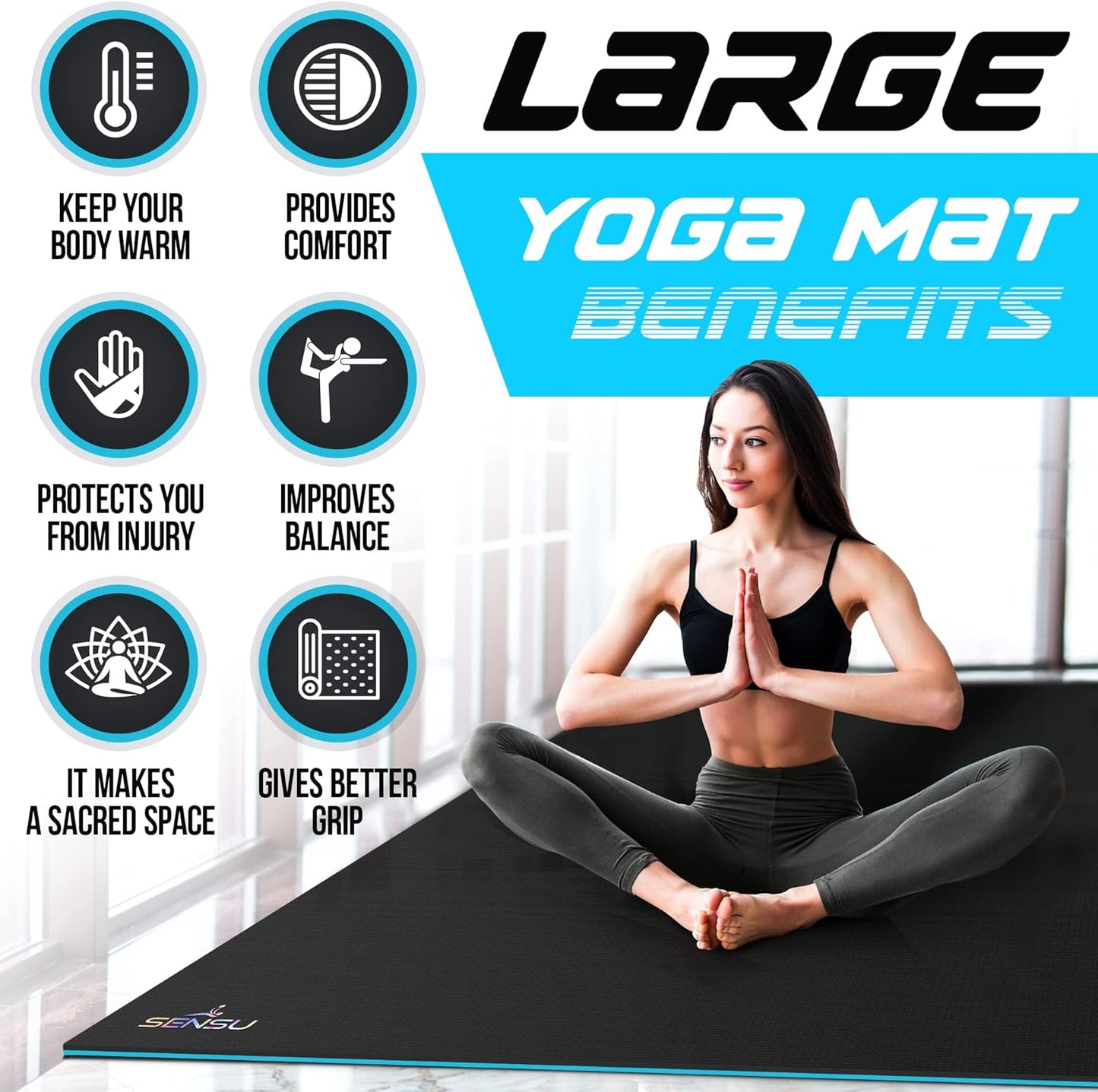 Sensu Large Yoga Mat - 7' x 5' x 9mm Extra Thick Yoga Mat for Men and Women - Non-Slip Surface for Extra Grip - Ideal for Hot Yoga, Pilates, Grounding and Meditation at Home or in Studios