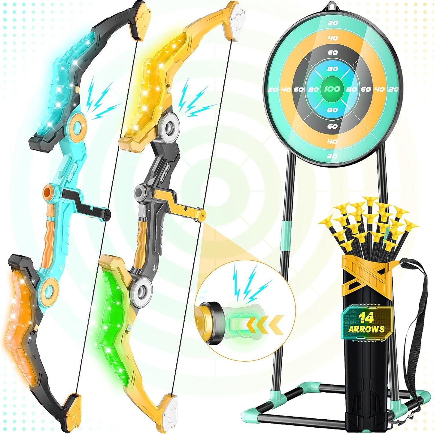 2 Pack Upgraded Kids Bow and Arrow Sets with Sound Effects&Color-Changing LED Flash Lights, Achery set for 4 5 6 7 8 9 10 11 12 Year Old, Indoor Outdoor Toys for Ages 5-7 8-13 Boys Girls(Green&gold)