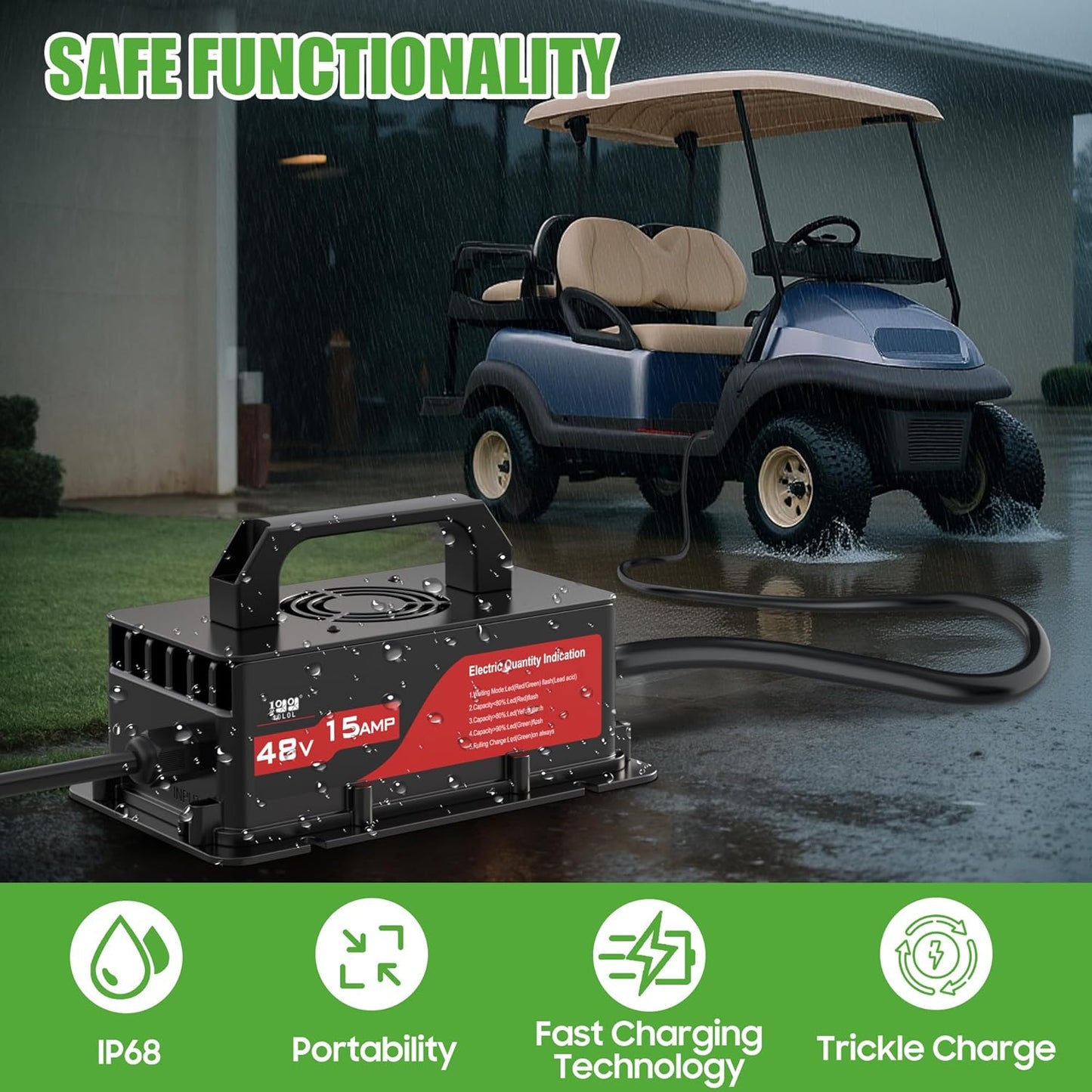 10L0L Club-Car-DS Charger 48V 15A 3-Pin Round Plug Golf Cart Rapid Charger - IP68 Waterproof, Auto Shut-Off, Smart Cooling, Aluminum Housing, Charging Indicator (Black)