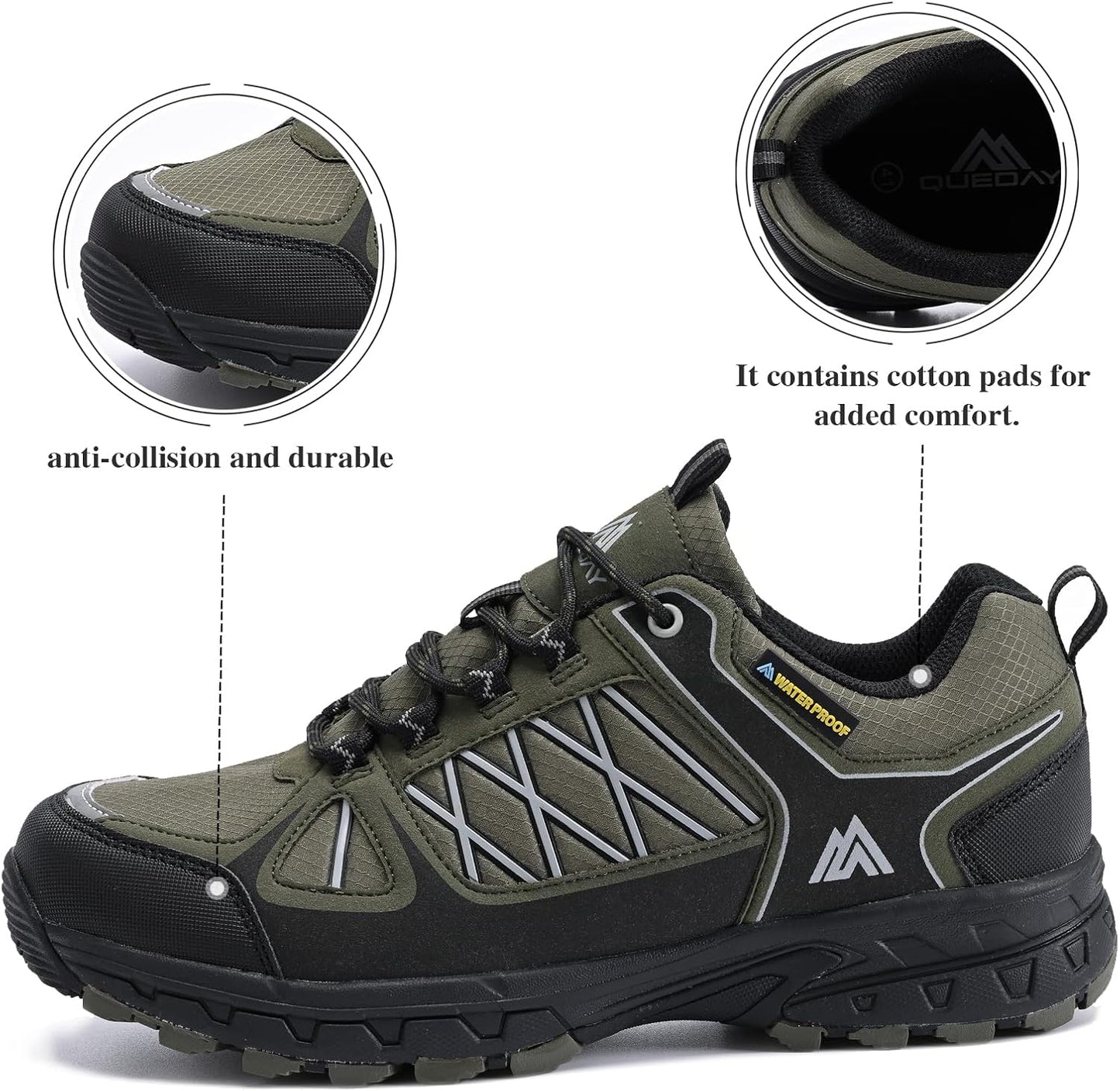 Queday Men's Waterproof Hiking Shoes Lightweight Anti Slip Outdoor Ankle Boots Breathable Hike Trekking Trails Shoe