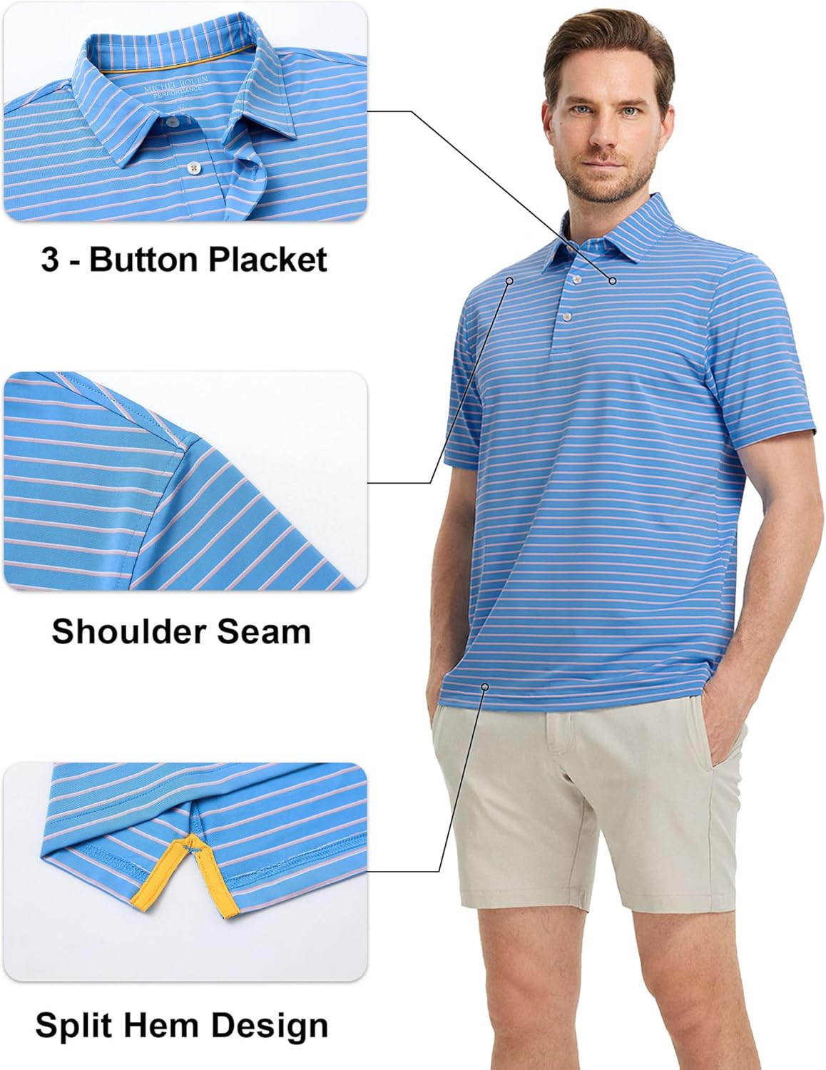 Rouen Mens Polo Shirts Short Sleeve Dry Fit Performance Moisture Wicking Causal Striped Polo Collared Golf Shirts for Men
