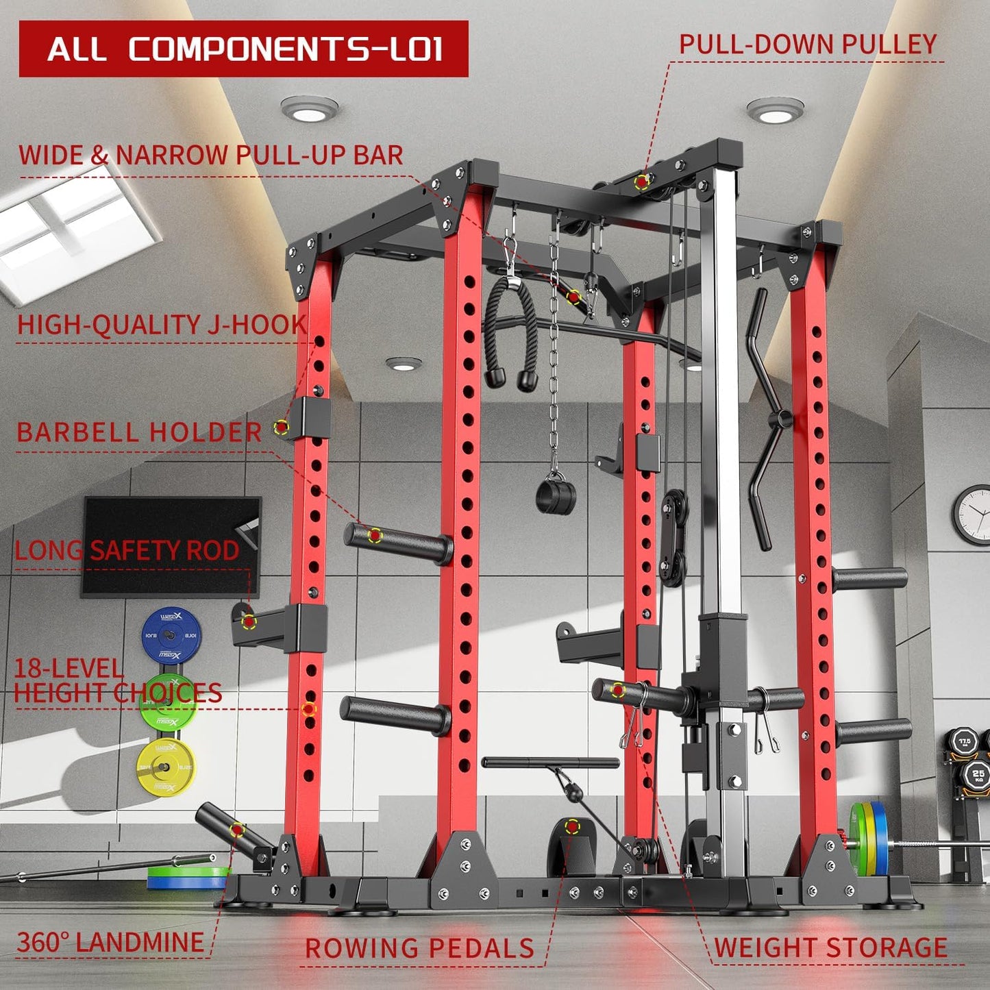 Power Cage,1600lbs Multi-Function Power Rack with Adjustable Cable Crossover System and More Training Attachment, Weight Cage for Home Gym