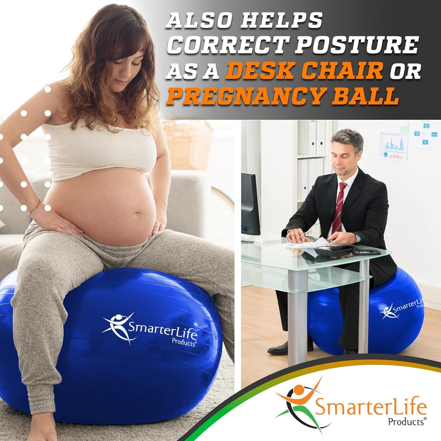 SmarterLife Exercise Ball Yoga Ball for Fitness, Balance, Stability, or Pregnancy, Gym Ball for Core Workout, Physical Therapy, Yoga Ball Chair for Office, Anti-Slip Anti-Burst