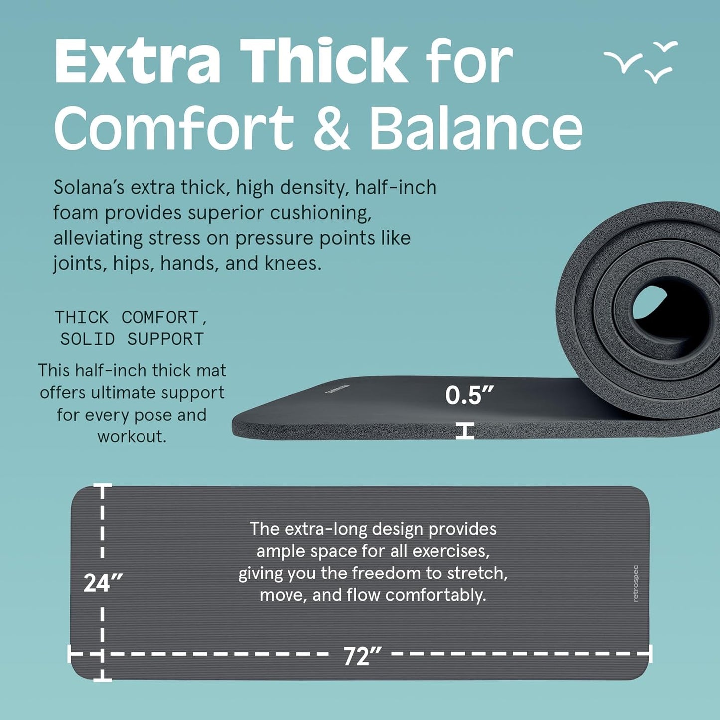 Retrospec Solana Yoga Mat 1/2" Thick w/Nylon Strap for Men & Women - Non Slip Exercise Mat for Yoga, Pilates, Stretching, Floor & Fitness Workouts