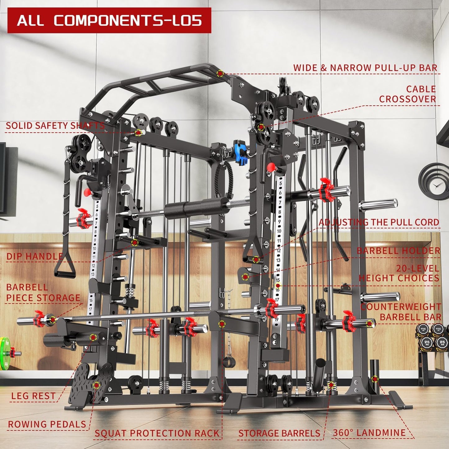 Smith Machine Power Rack Multifunctional Power Cage Deep Squat Rack Cable Crossover System Selectable More Training Attachment for Garage & Home Gym