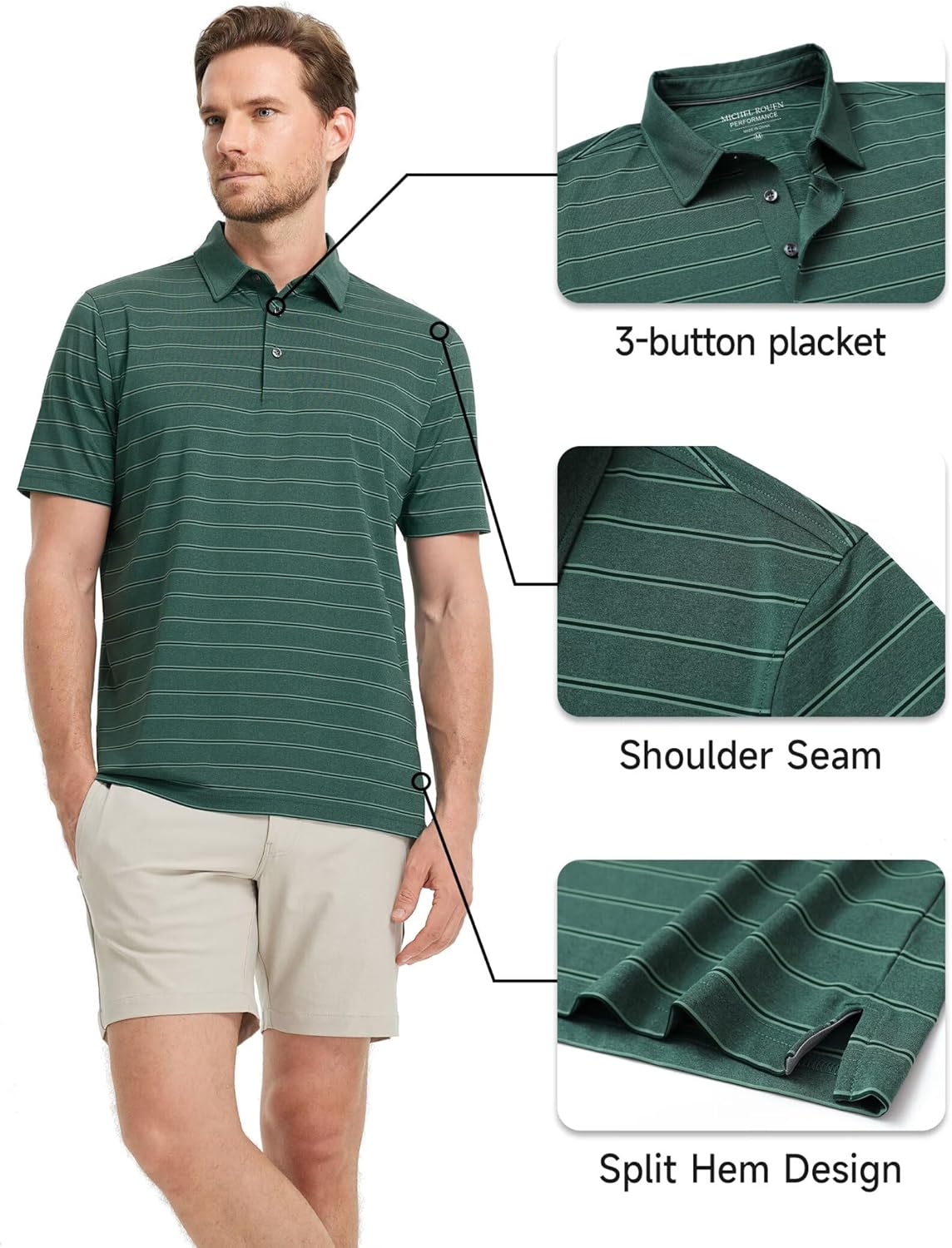 Rouen Polo Shirts for Men Dry Fit Performance Heather Stripe Golf Polo Moisture Wicking Lightweight Breathable Golf Shirts