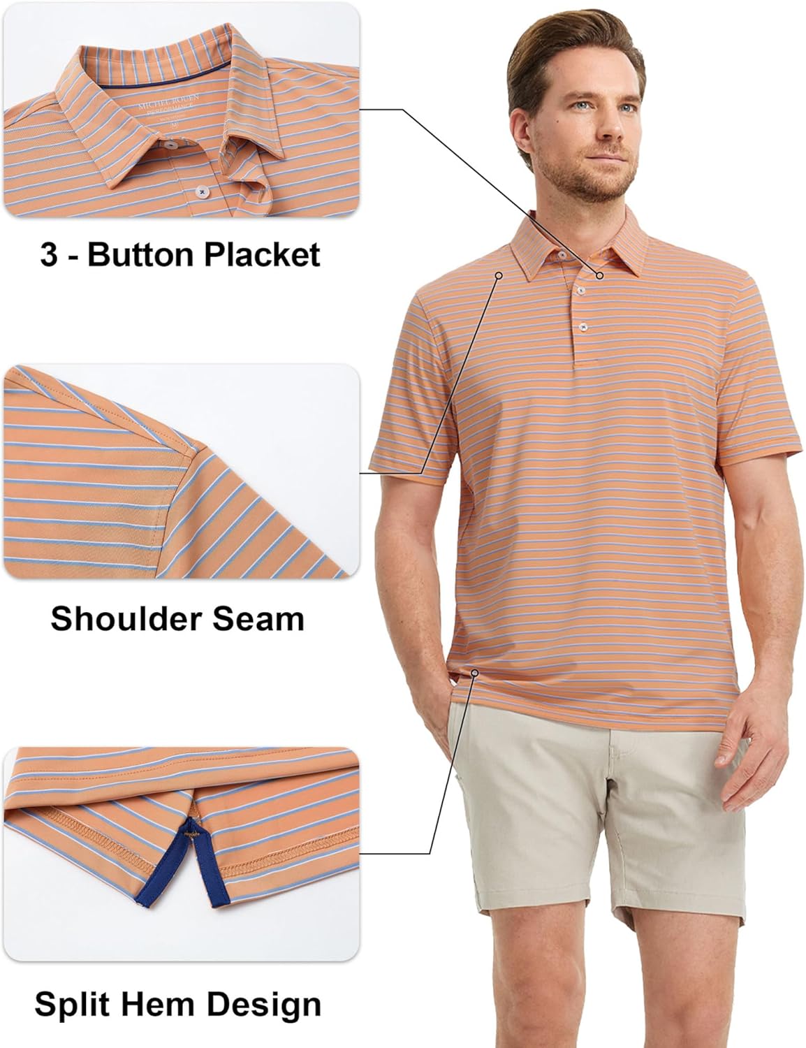 Rouen Mens Polo Shirts Short Sleeve Dry Fit Performance Moisture Wicking Causal Striped Polo Collared Golf Shirts for Men