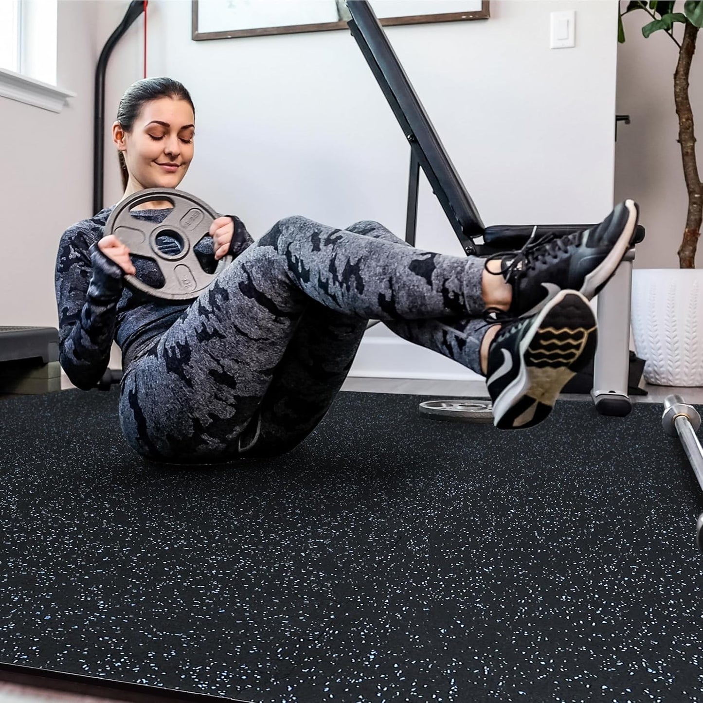 SUPERJARE 0.4'' Thick 6 Pcs 24 Sq Ft Rubber Top Exercise Equipment Mats, High Density EVA Foam Mats with Rubber Top, Interlocking Gym Flooring for Home Gym, Protective Workout Mat, Black/Blue